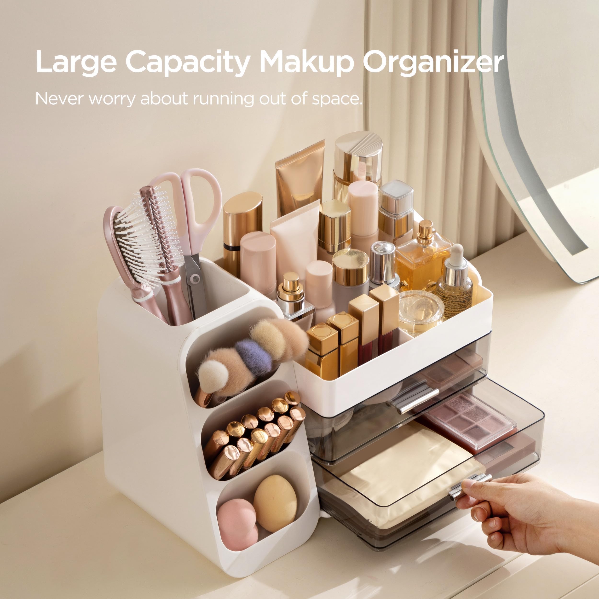 HBlife makeup organizer brush slots on the left support quick brush selection.