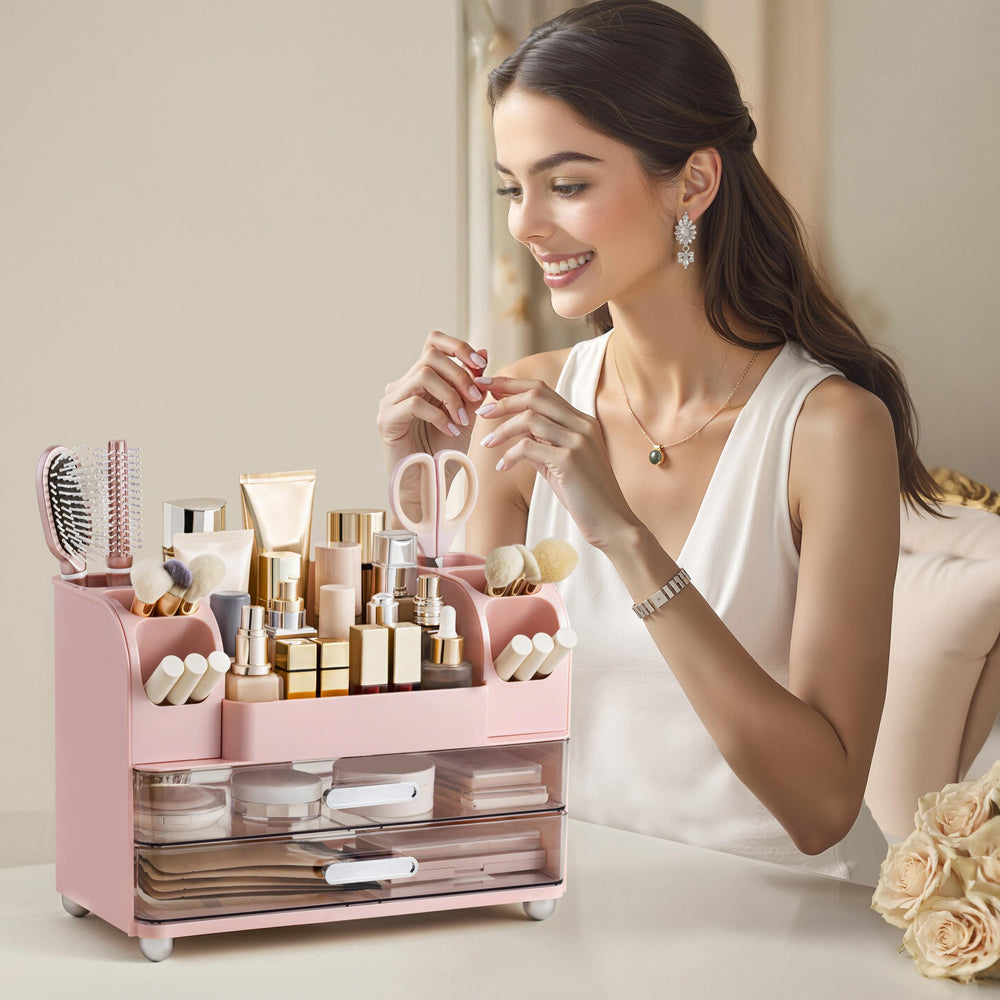 HBlife makeup organizer color options include pink, white, black, and more.