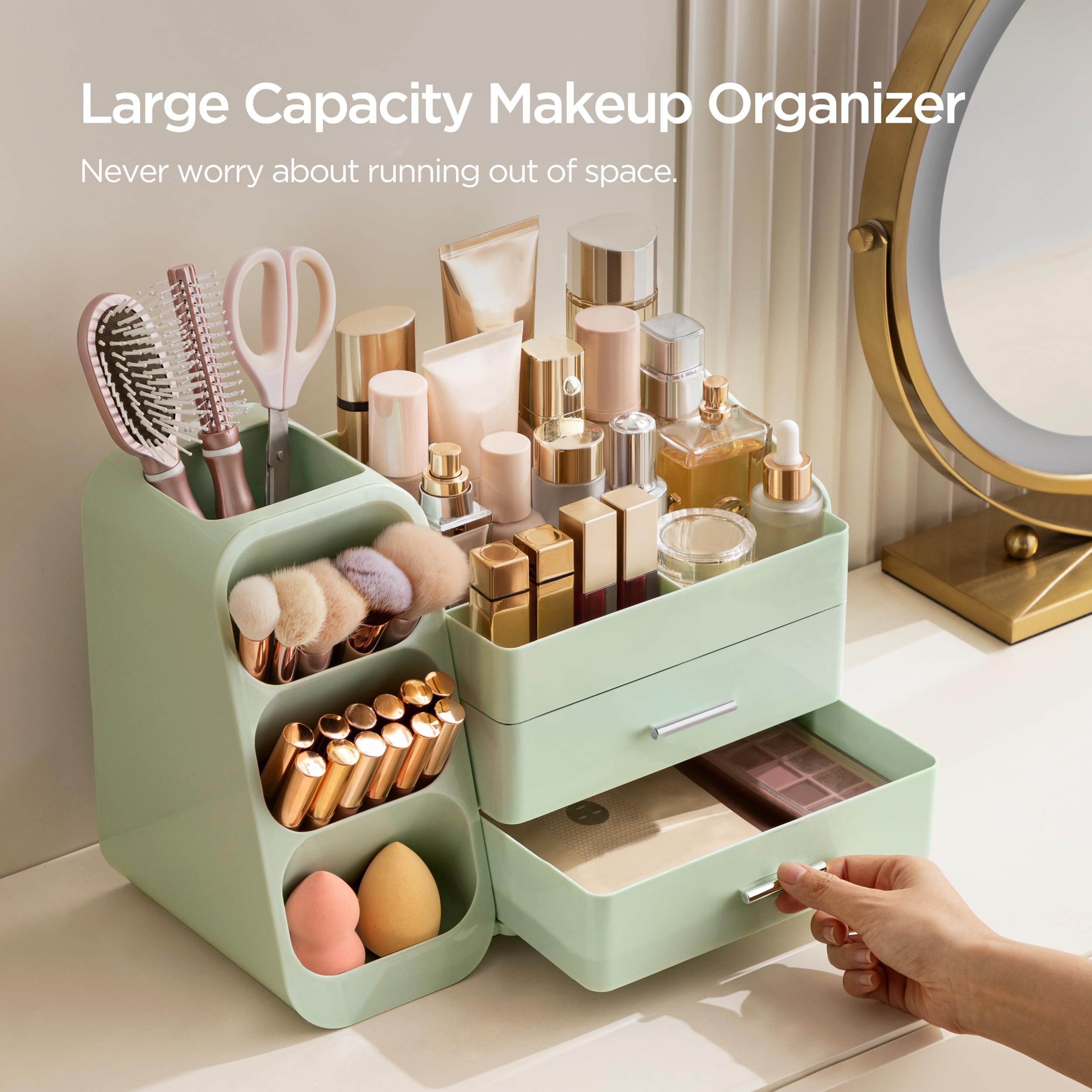HBlife makeup organizer drawer close-up shows two spacious drawers