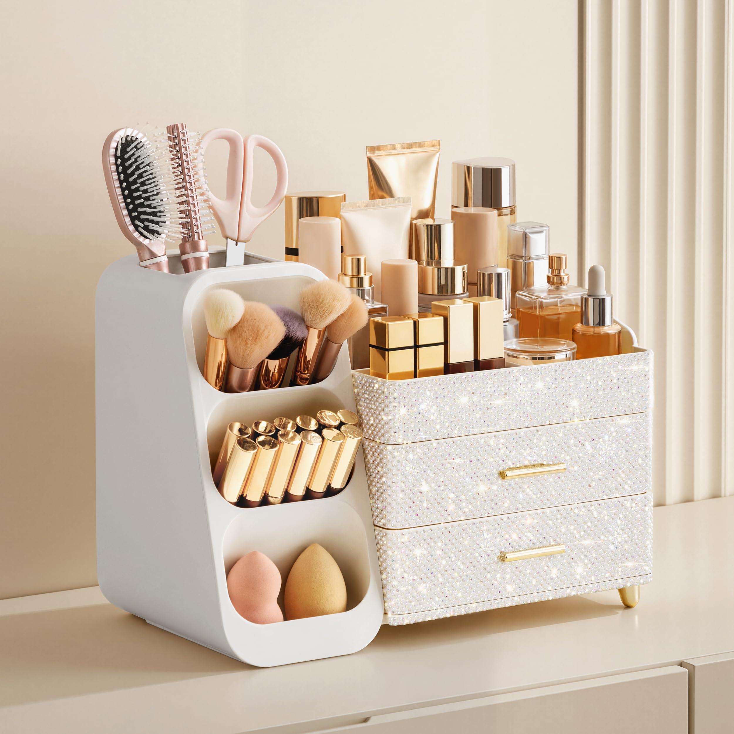 HBlife organizer drawer view shows spacious storage for palettes and bottles.