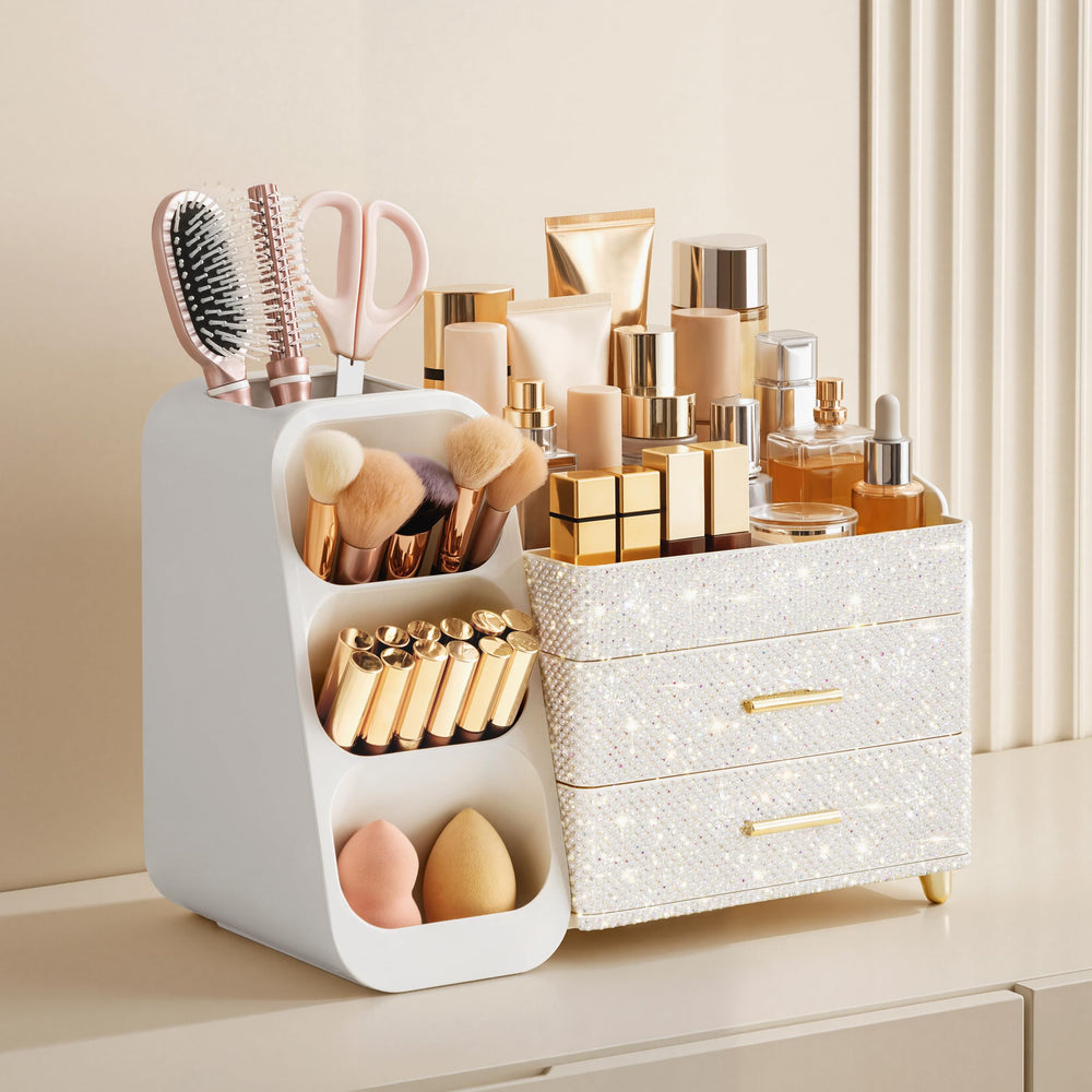 HBlife organizer drawer view shows spacious storage for palettes and bottles.