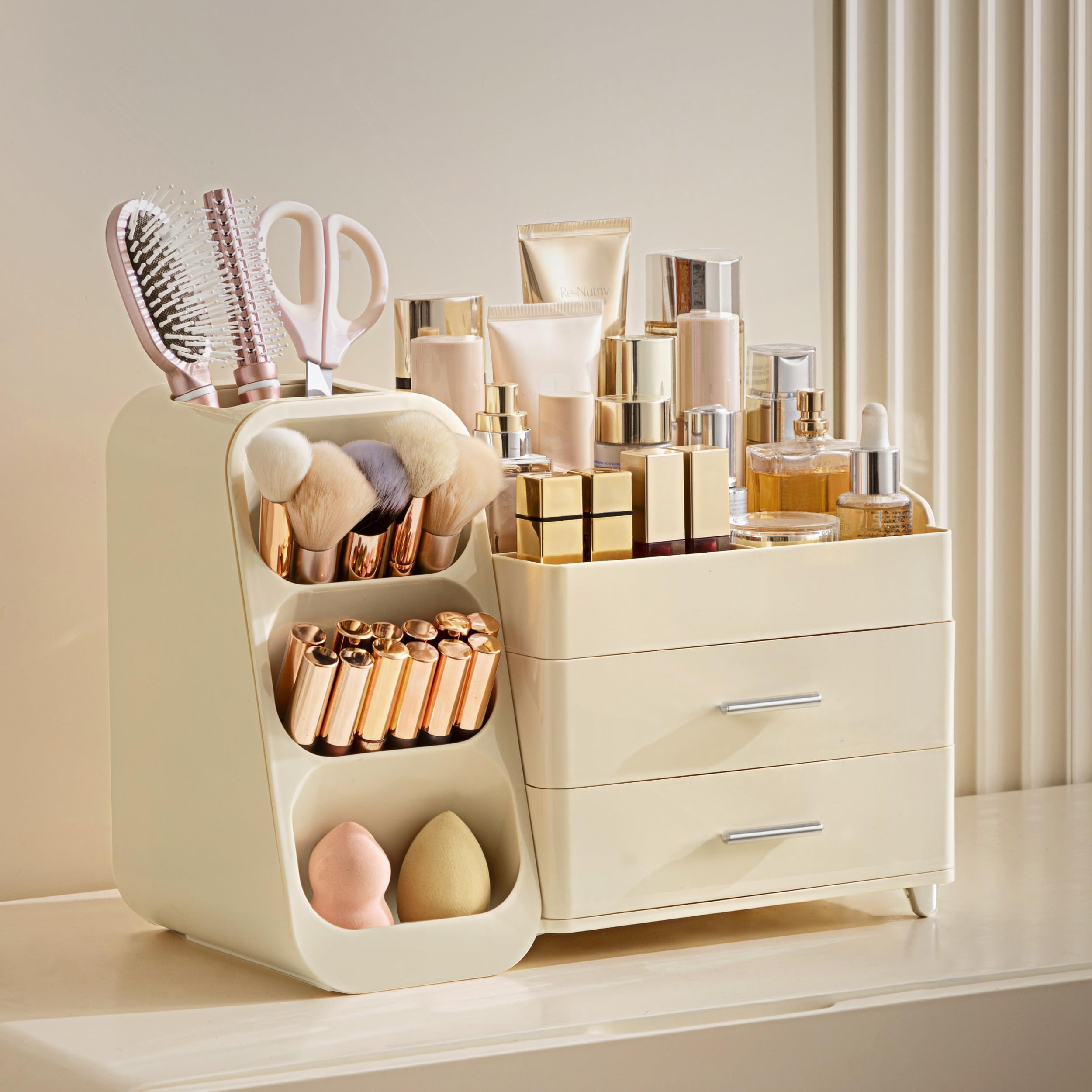 HBlife makeup organizer with two drawers for secure cosmetics storage.