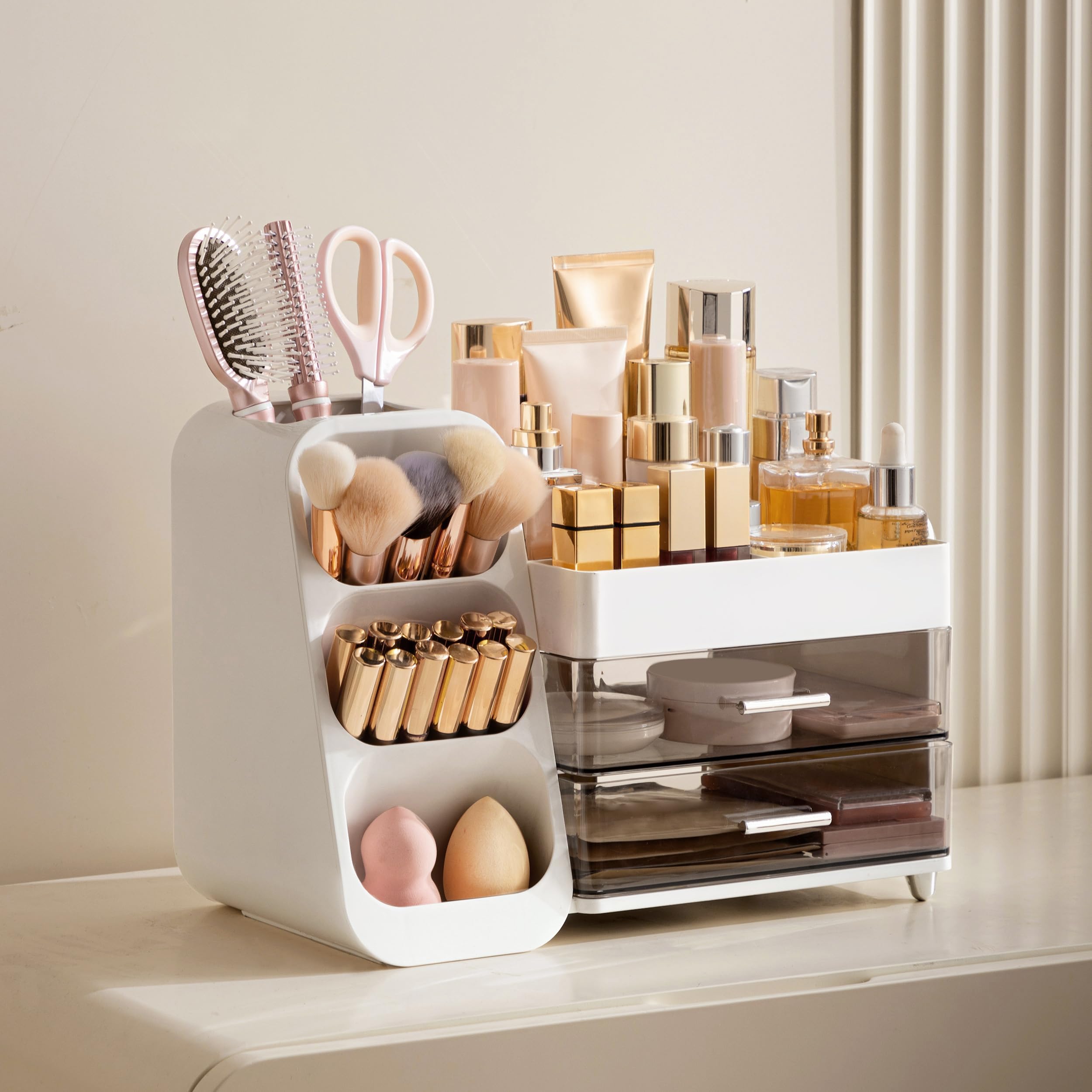 HBlife makeup organizer drawers open reveal two spacious compartments for easy access.