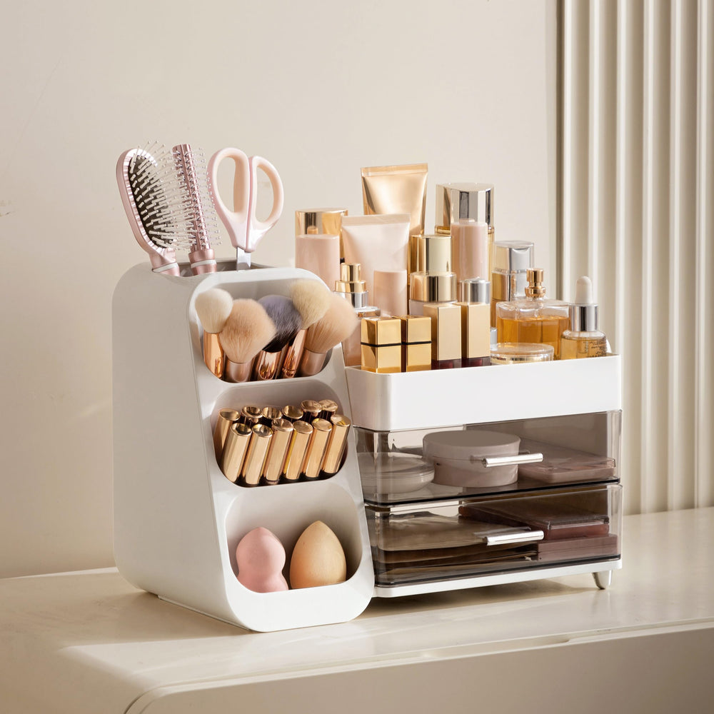 HBlife makeup organizer drawers open reveal two spacious compartments for easy access.
