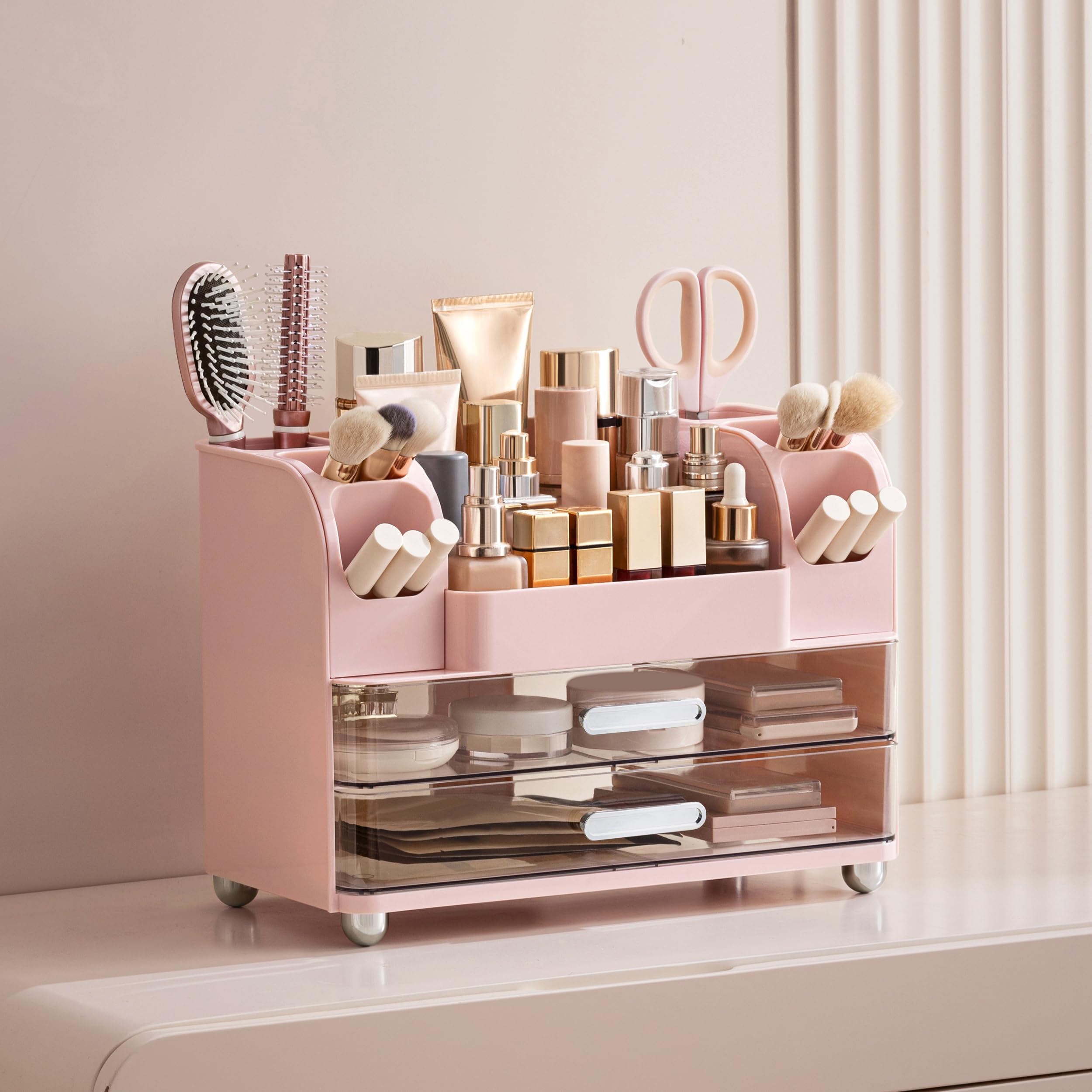 HBlife makeup organizer drawers provide quick storage for lipstick and brushes.