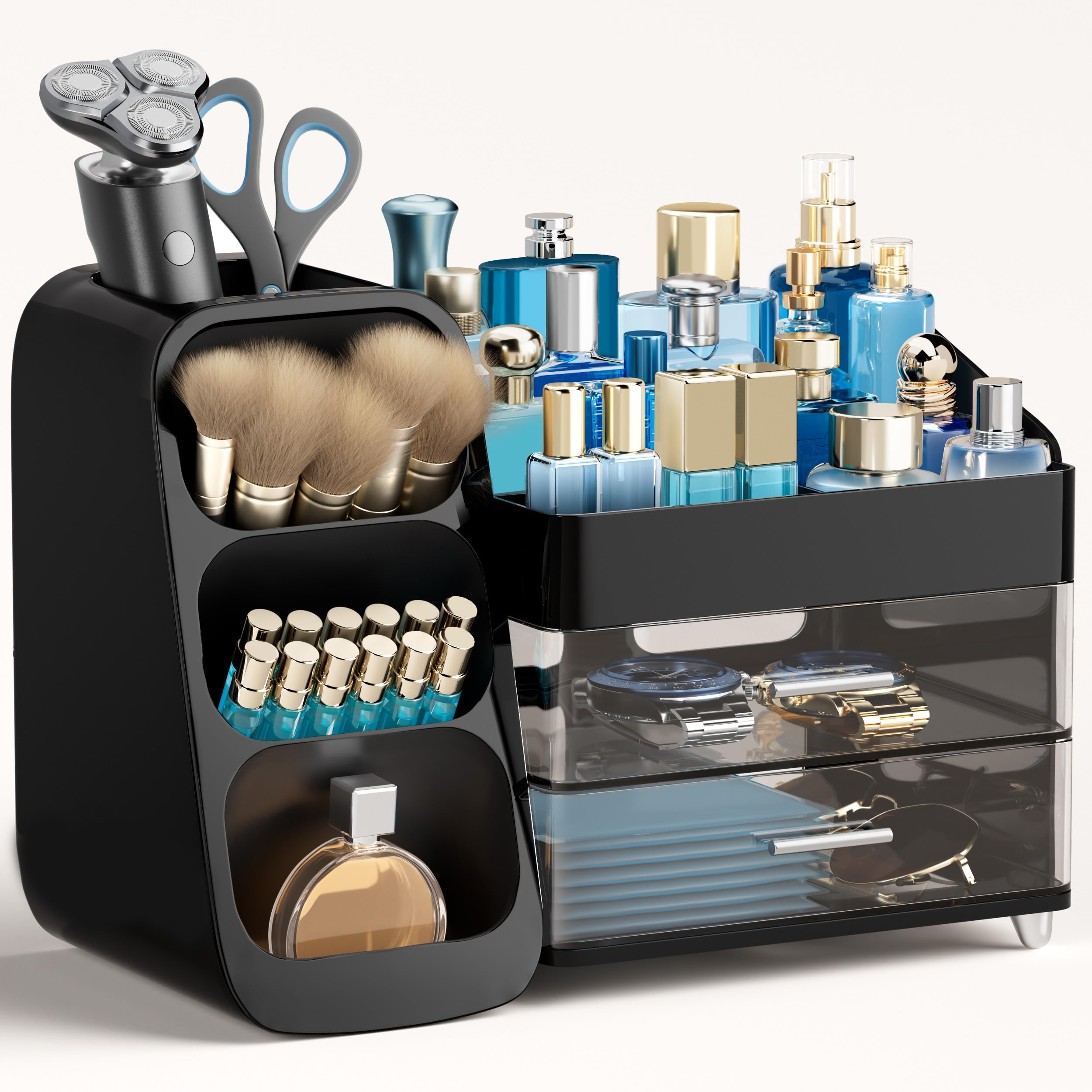 HBlife makeup organizer with large drawers neatly stores brushes and palettes.