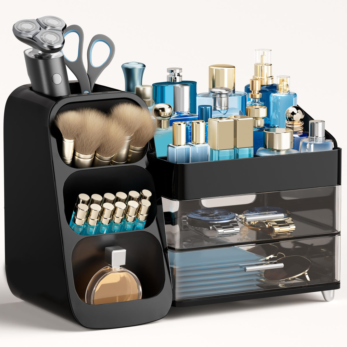 HBlife makeup organizer with large drawers neatly stores brushes and palettes.