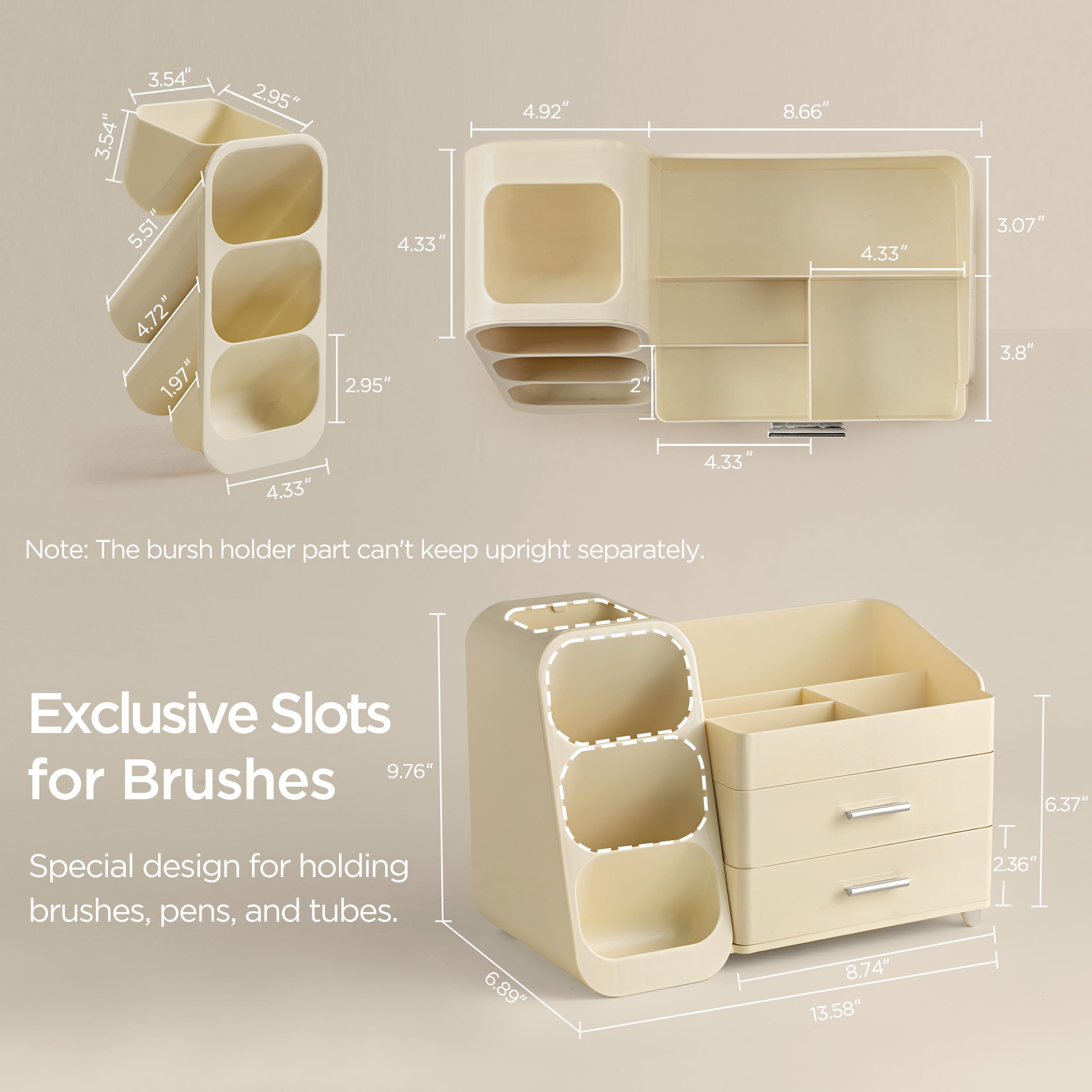 Left-side brush slots keep brushes, pens, and tubes tidy and easy to grab.