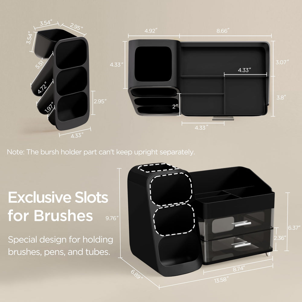 HBlife organizer left brush slots provide quick-access storage for makeup tools.