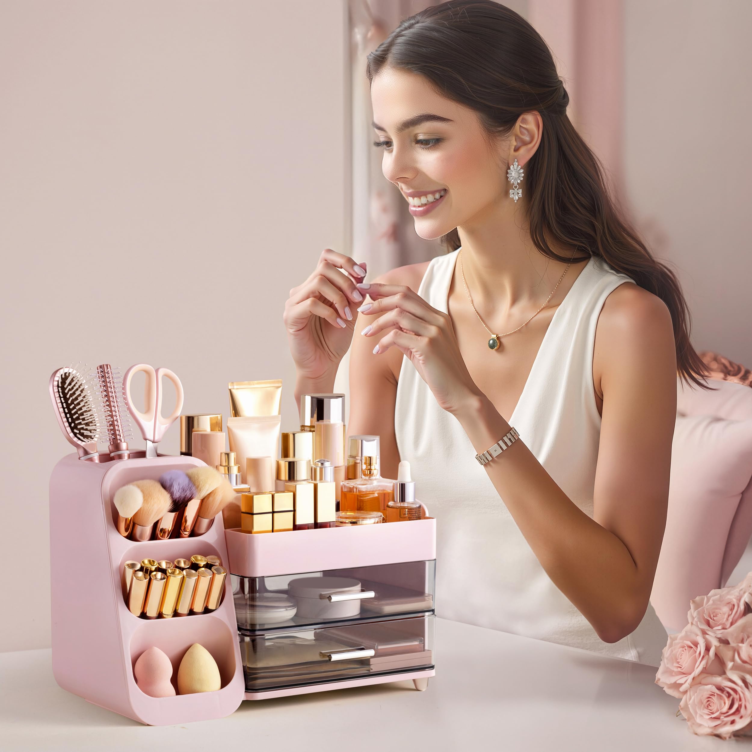 HBlife makeup organizer pink-sleek-design complements vanity and saves space.