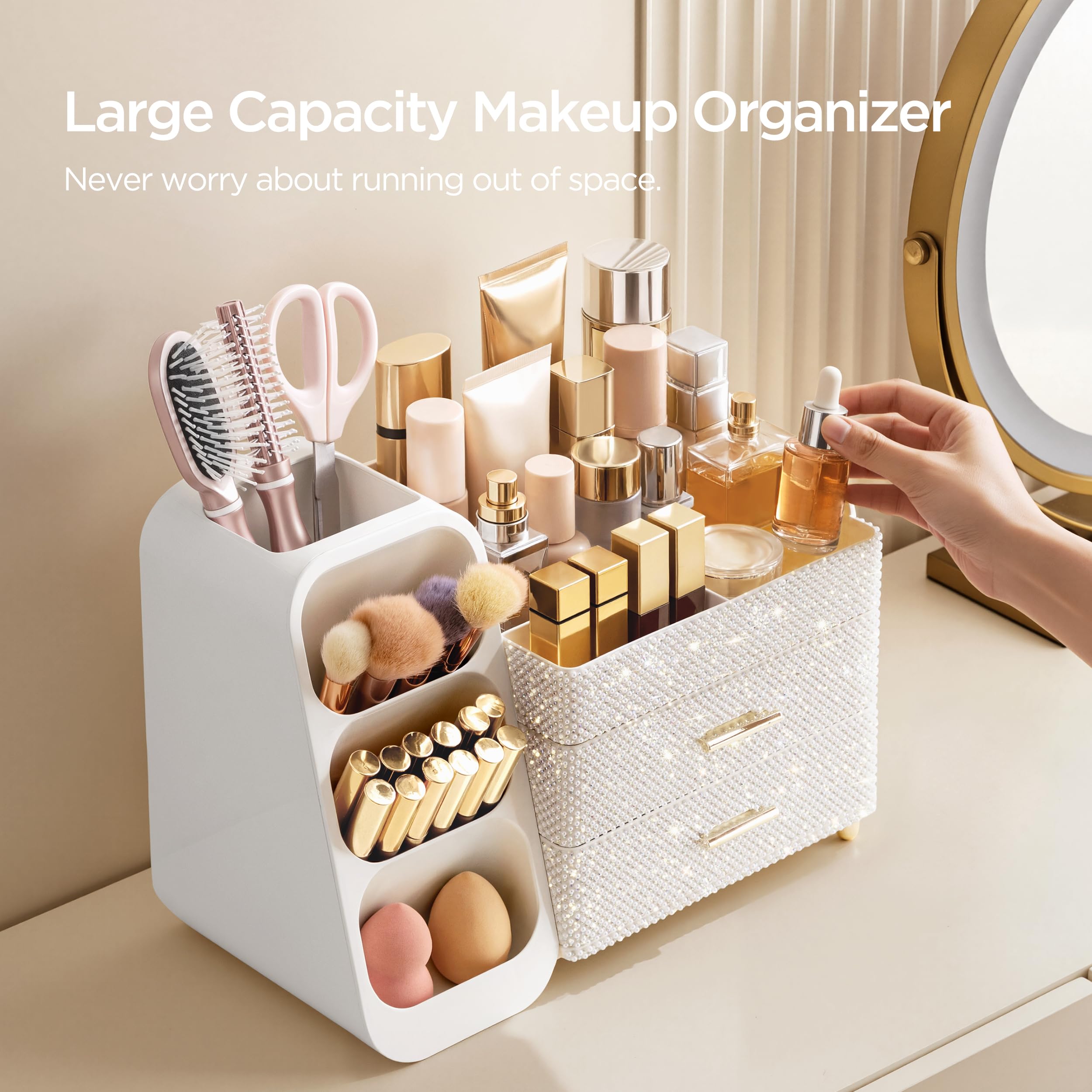 HBlife storage in use on vanity demonstrates multi-purpose organization.