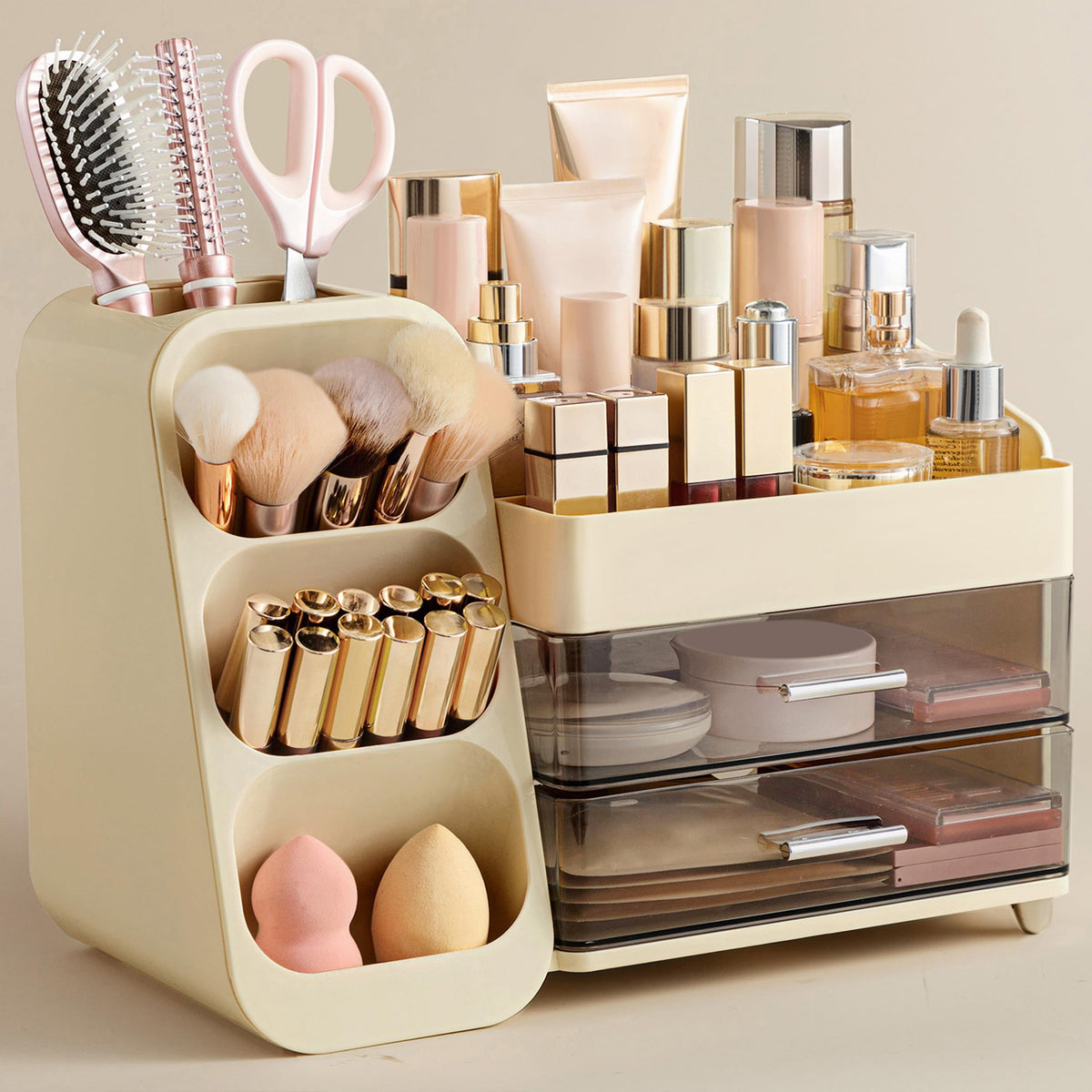 HBlife makeup organizer top compartments keep palettes accessible for quick vanity routines