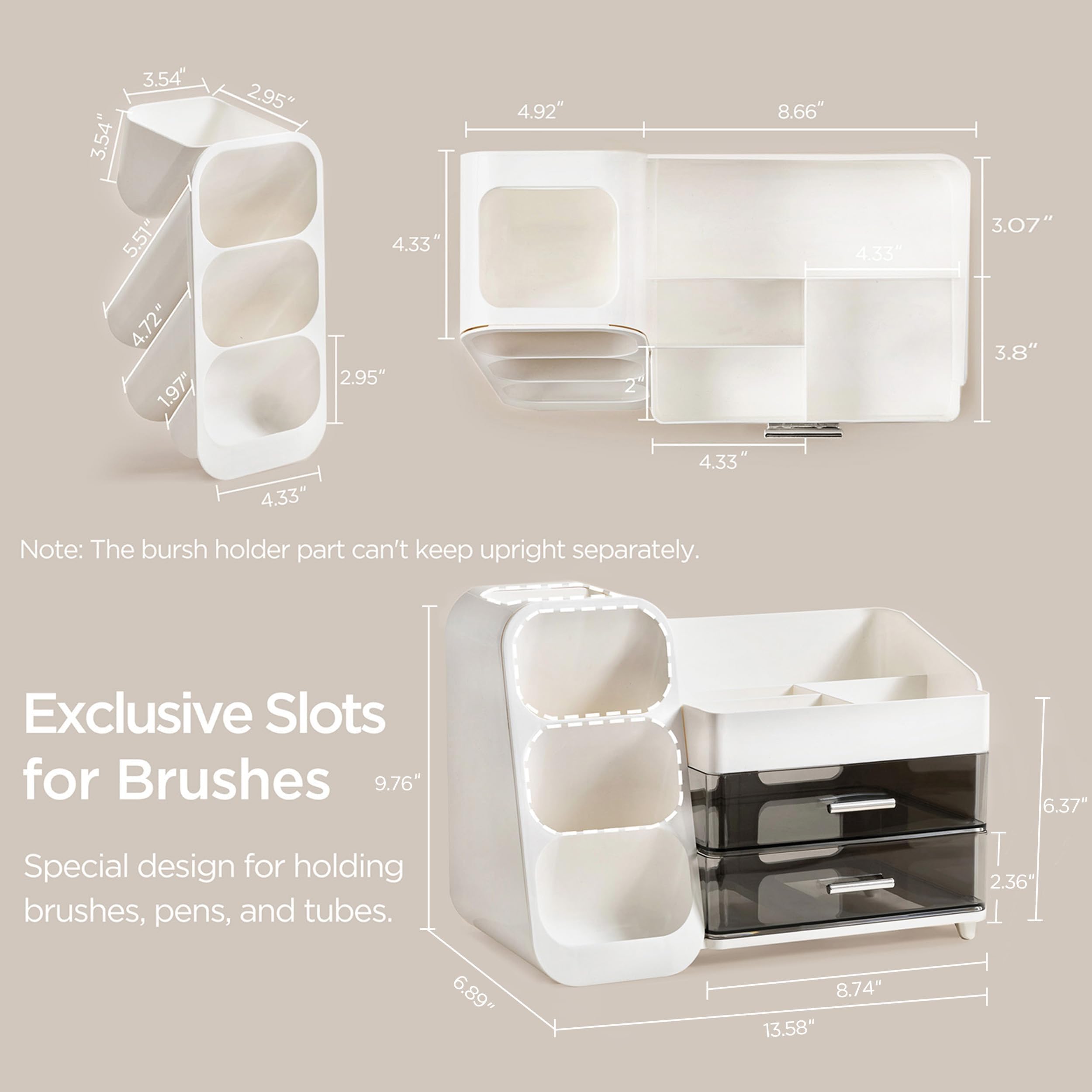 HBlife makeup organizer top compartments keep palettes and bottles neatly organized.