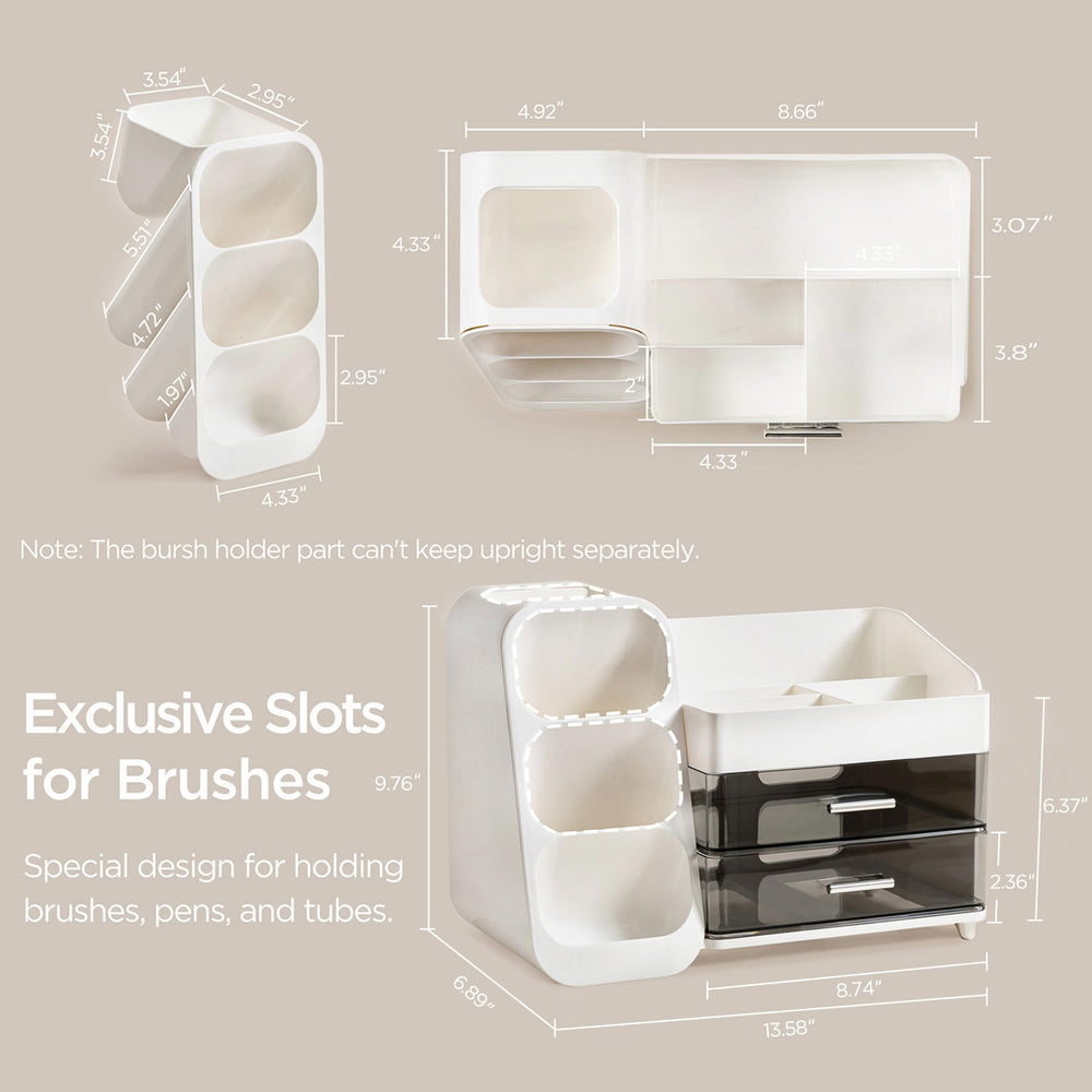 HBlife makeup organizer top compartments keep palettes and bottles neatly organized.