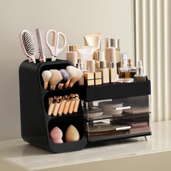 HBlife makeup organizer top compartments organize bottles and lipsticks at a glance.