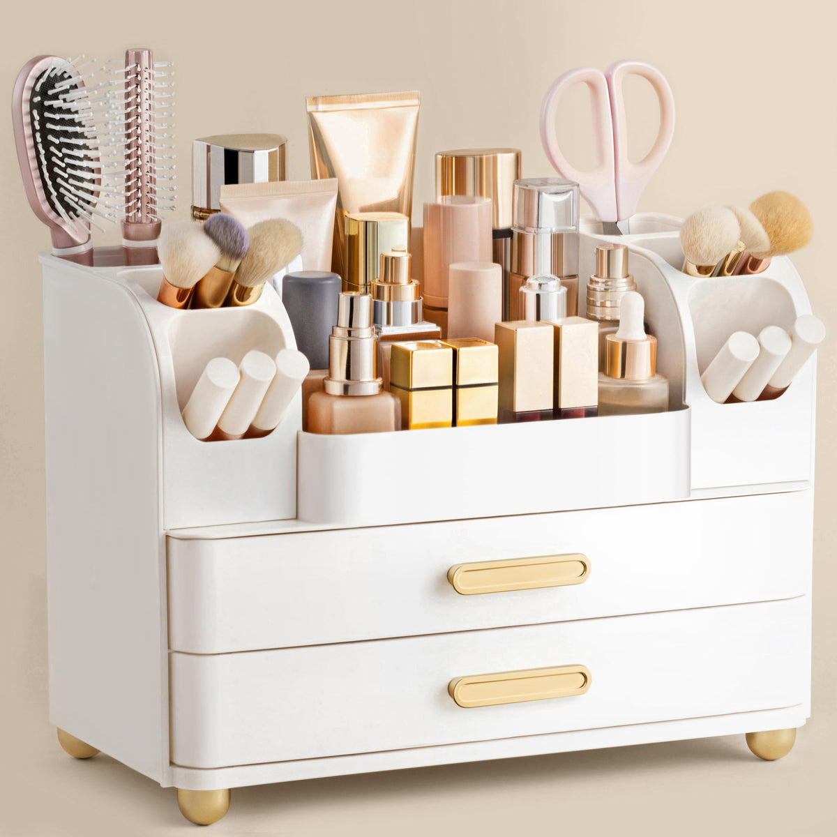 HBlife makeup organizer on vanity with top compartment for easy access to essentials
