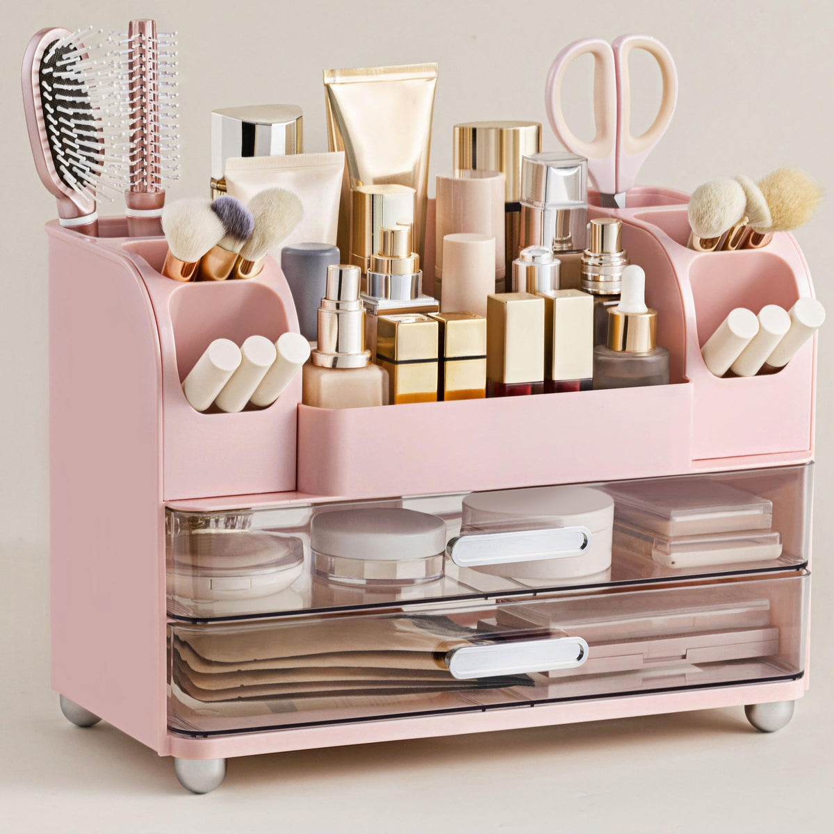 HBlife makeup organizer vanity top compartment keeps cosmetics organized and accessible.