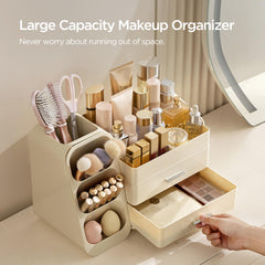 Wide top compartments store bottles, palettes, and skincare tools on vanity.