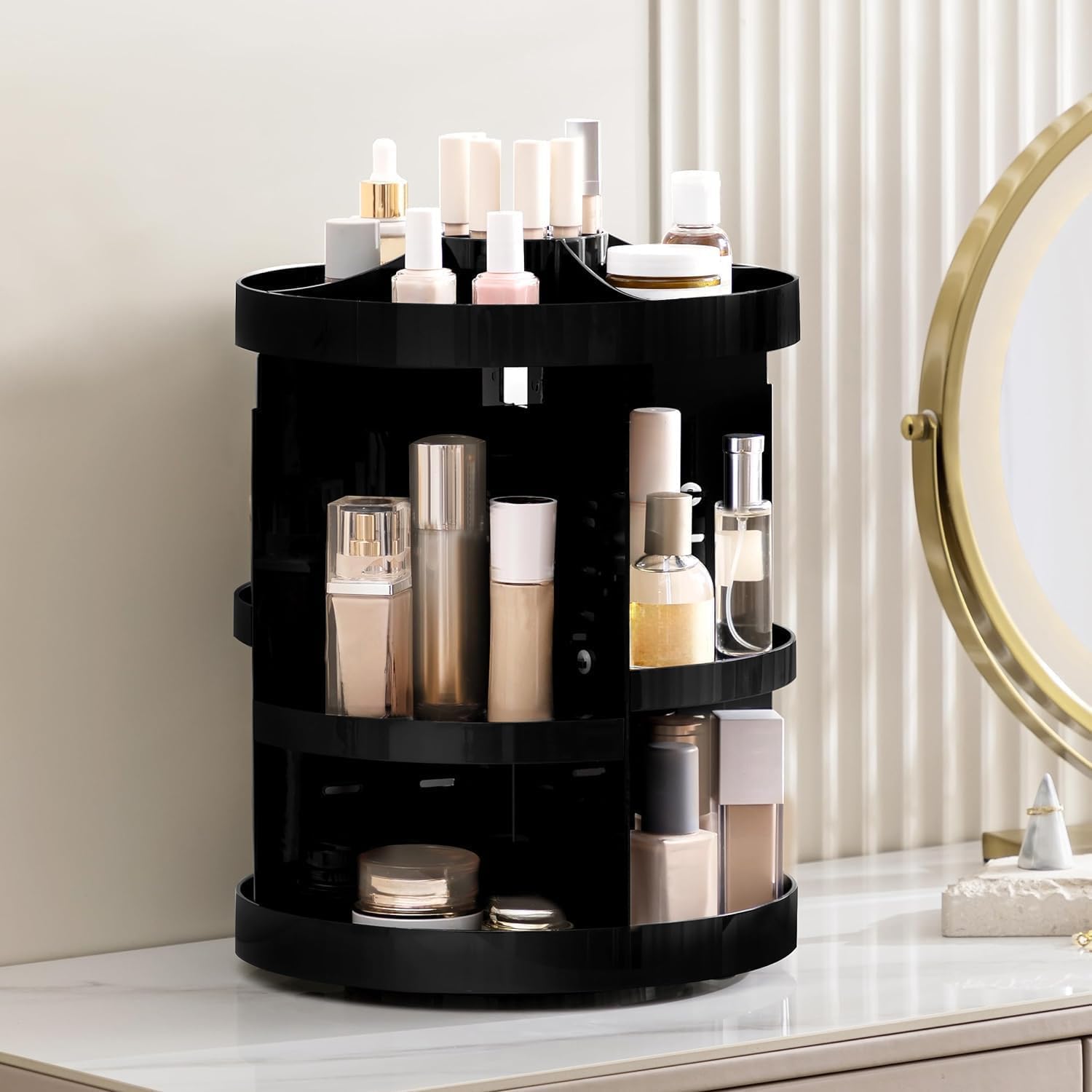 HBlife rotating organizer close-up shows adjustable trays for varied cosmetics