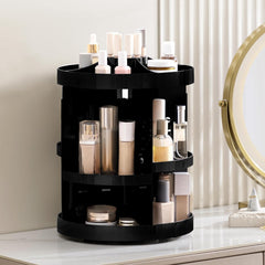 HBlife rotating organizer close-up shows adjustable trays for varied cosmetics