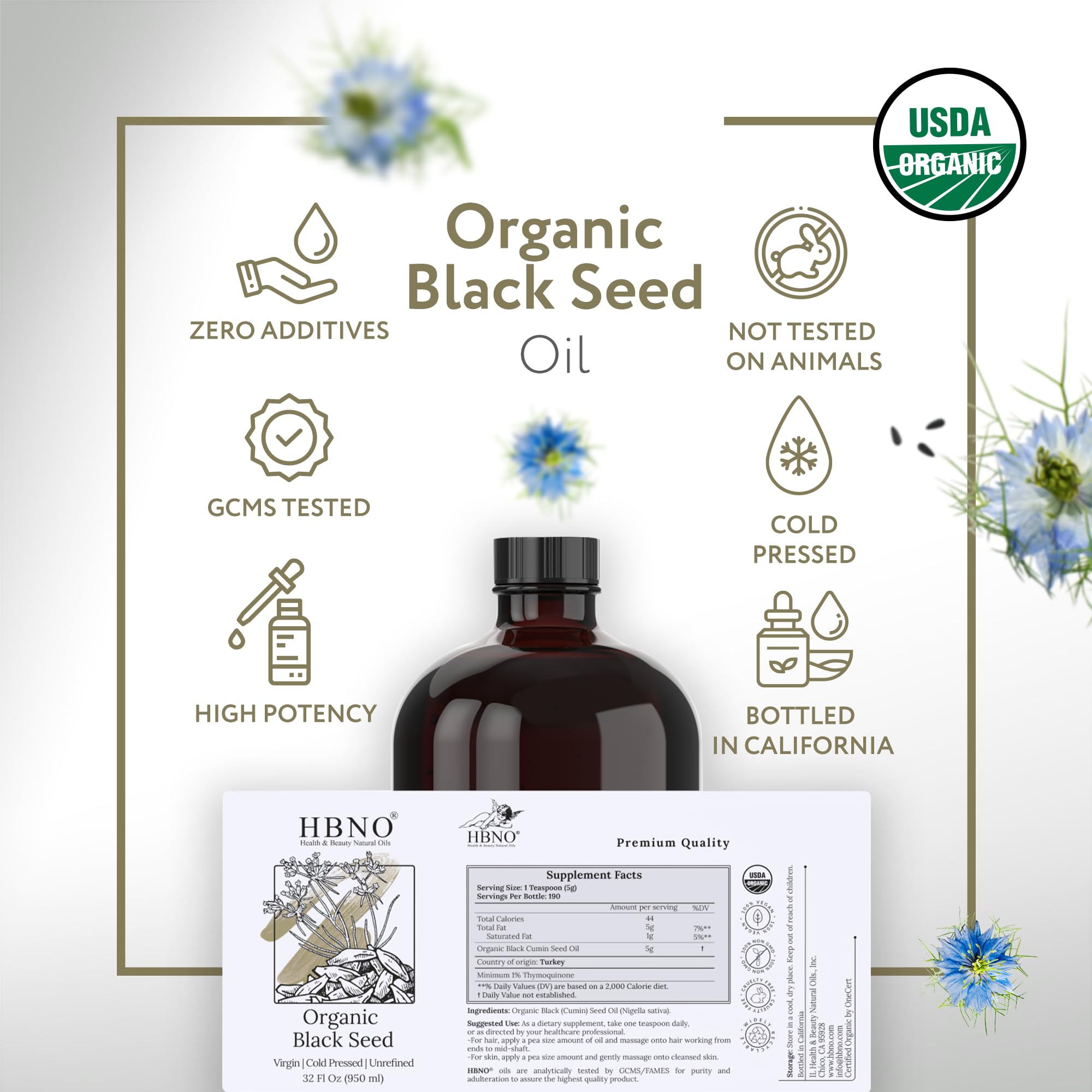 HBNO black seed oil label highlights organic cold-pressed quality