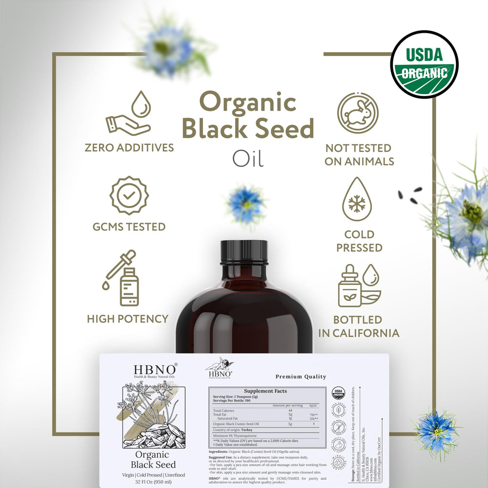HBNO black seed oil label highlights organic cold-pressed quality
