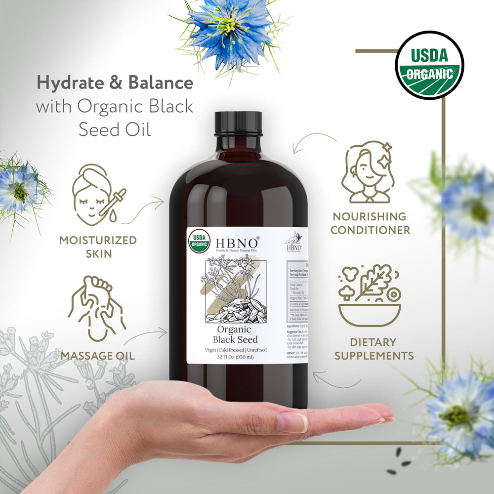 HBNO black seed oil pour shows convenient application for face and body