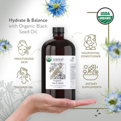 HBNO black seed oil pour shows convenient application for face and body
