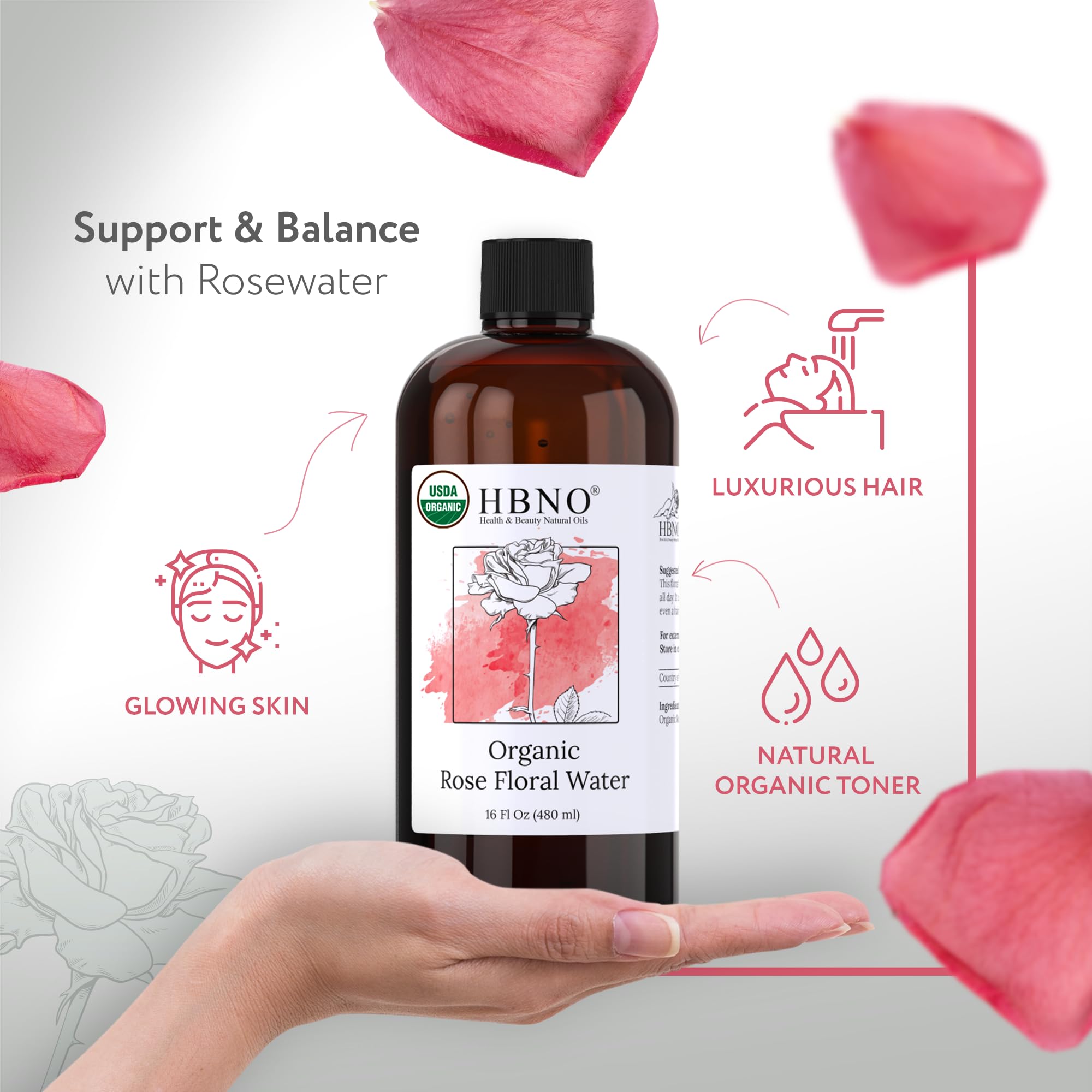 HBNO Rose Water aroma closeup highlights natural floral scent and purity.