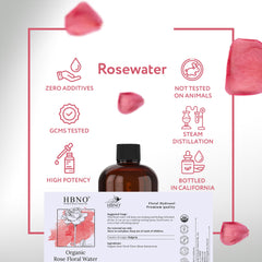 HBNO Rose Water label closeup confirms USDA organic certification.