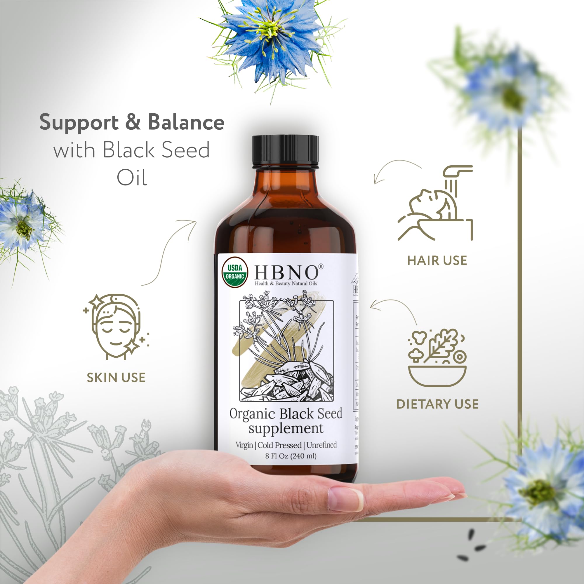 HBNO organic black seed oil bottle label shows organic certification