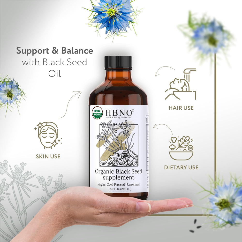 HBNO organic black seed oil bottle label shows organic certification