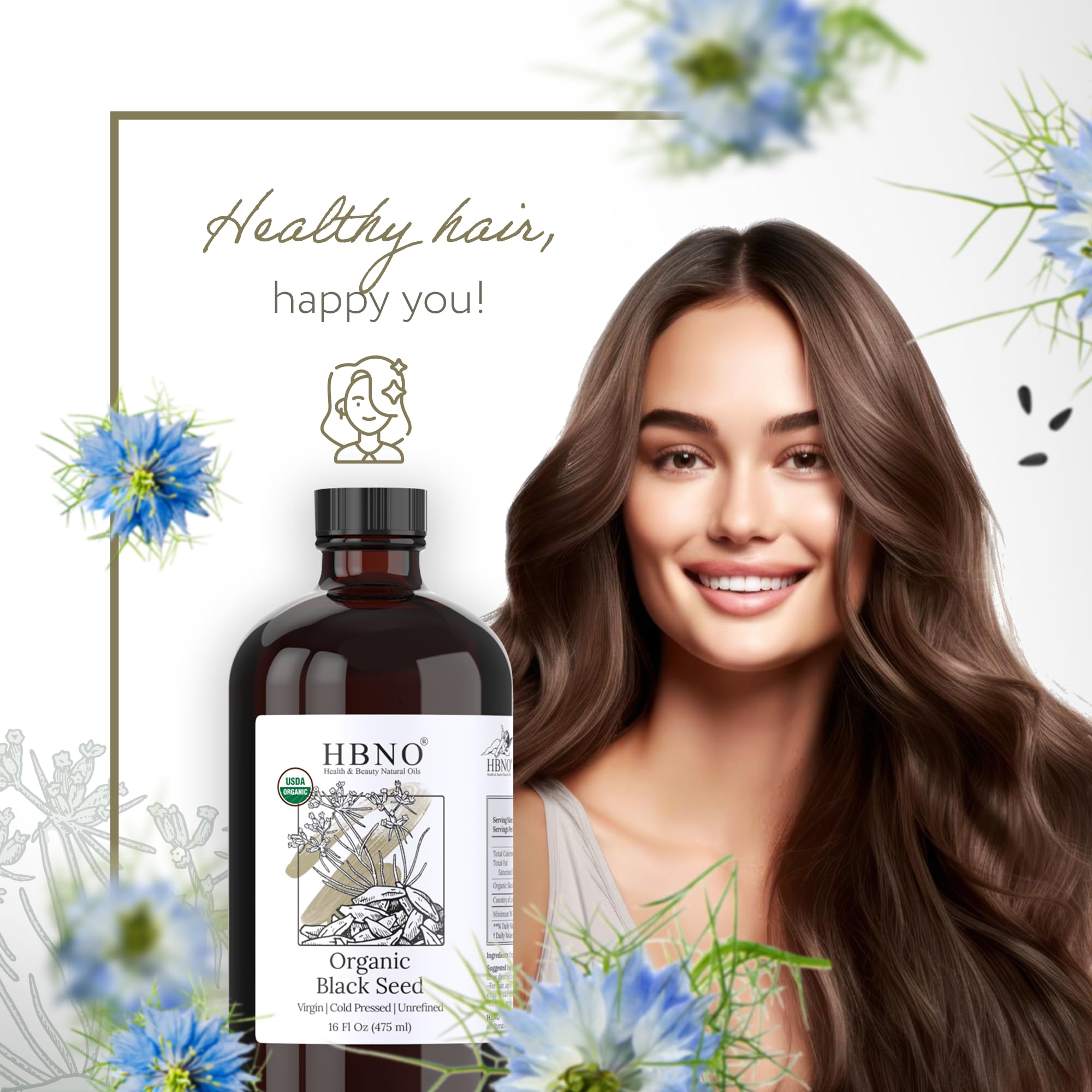 HBNO Organic Black Seed Oil ingredients show amino acids and omega-3 for skin nourishment