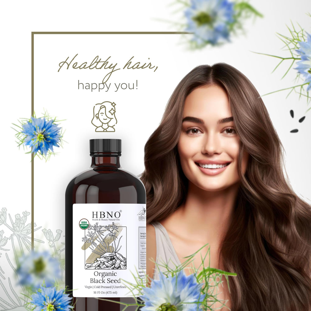 HBNO Organic Black Seed Oil ingredients show amino acids and omega-3 for skin nourishment