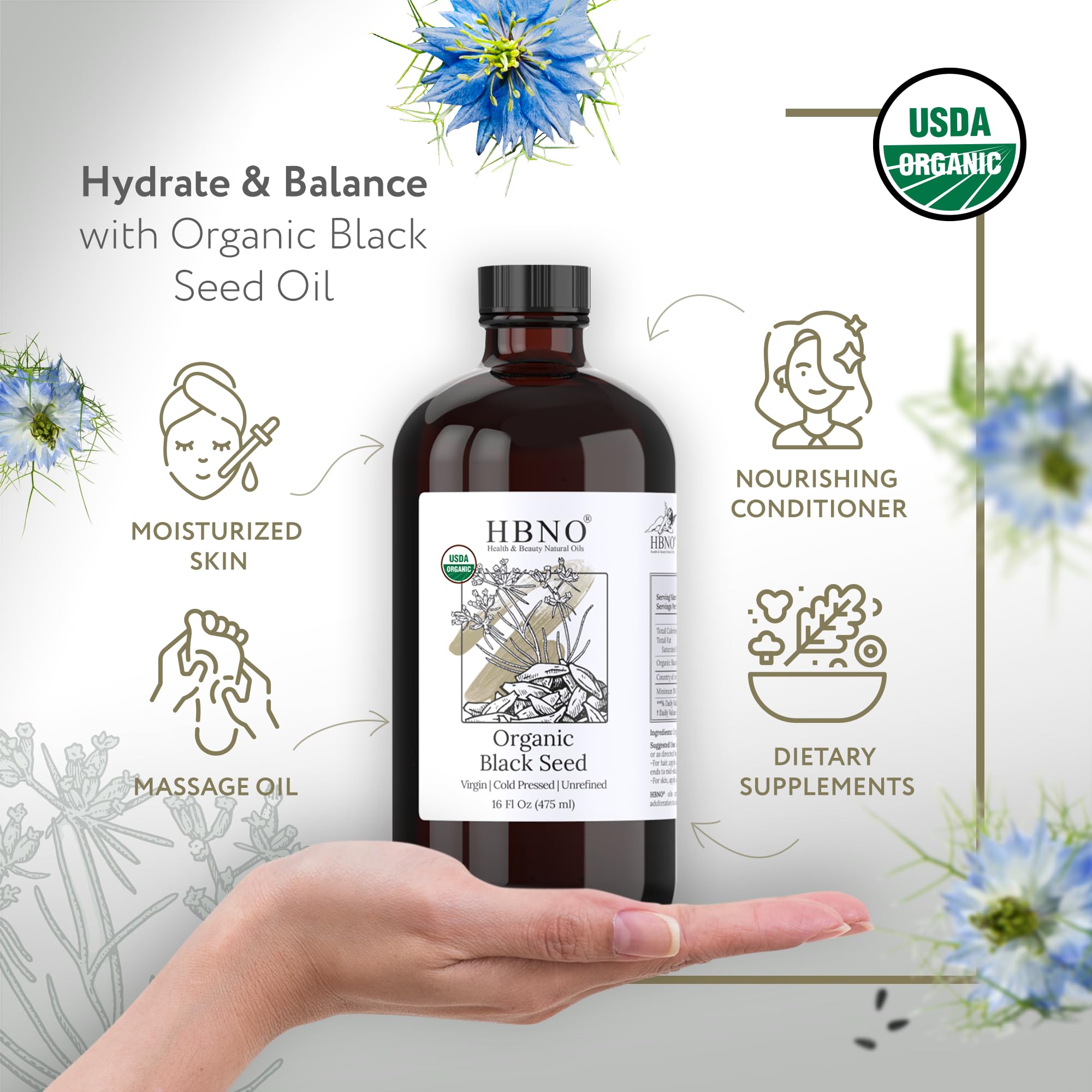 HBNO Organic Black Seed Oil label with USDA Organic seal for trusted quality