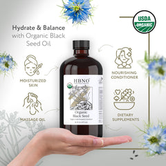 HBNO Organic Black Seed Oil label with USDA Organic seal for trusted quality