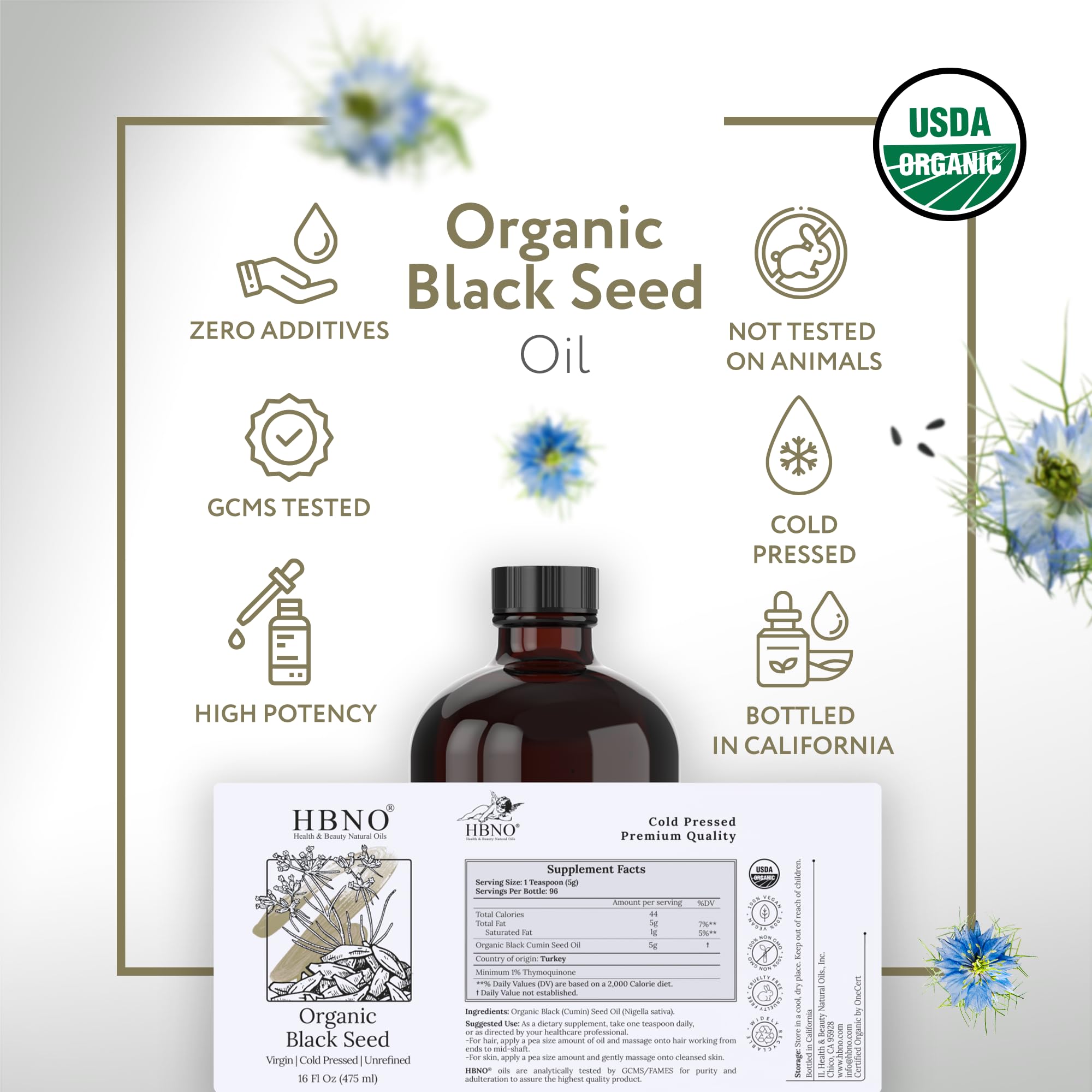 HBNO Organic Black Seed Oil pour shot for easy, precise application