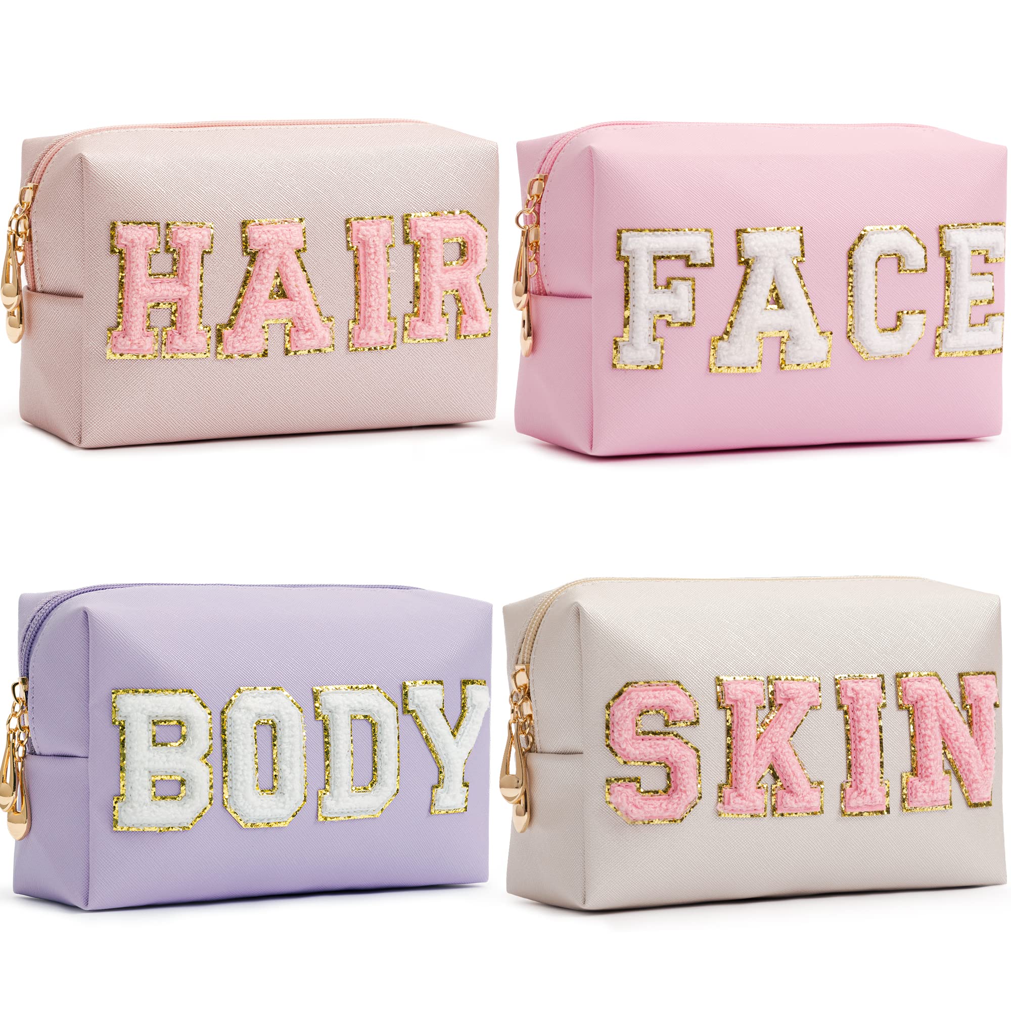 HBselect four chenille patch makeup bags in waterproof PU leather for travel organization.