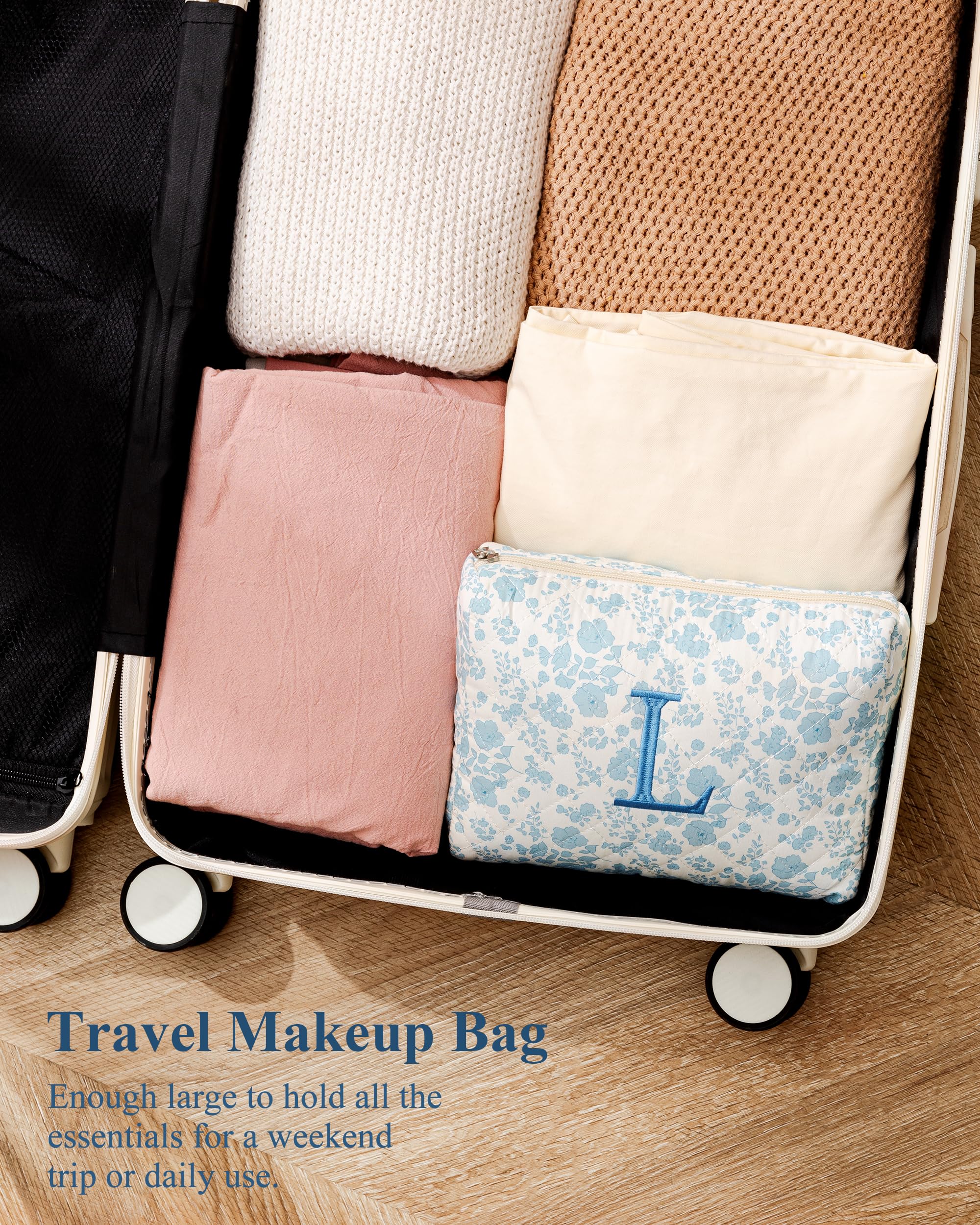 HBselect Initial Quilted Makeup Bag floral pattern for stylish accessory