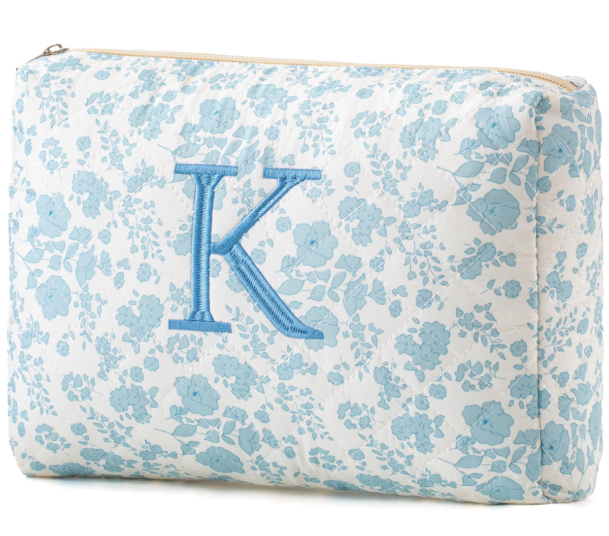 HBselect Initial Quilted Makeup Bag front view showing soft cotton texture for travel
