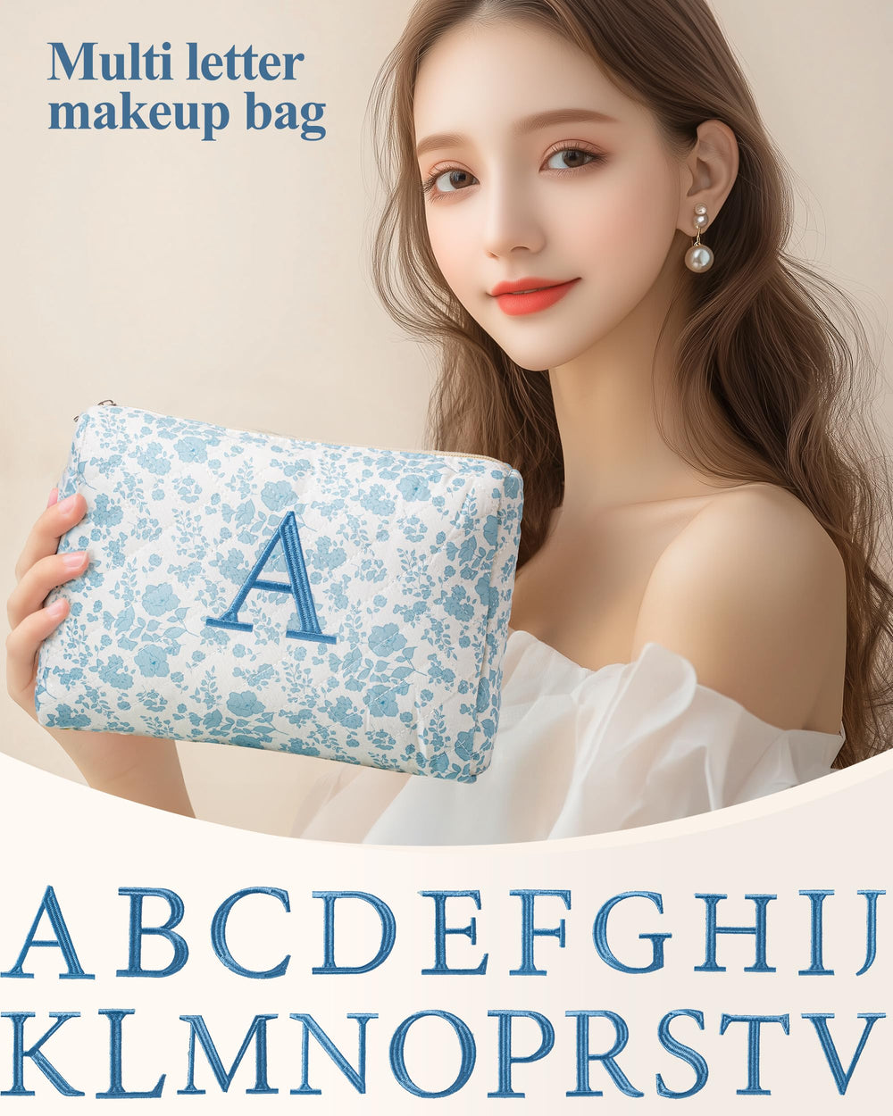 HBselect Initial Quilted Makeup Bag in hand as portable travel companion
