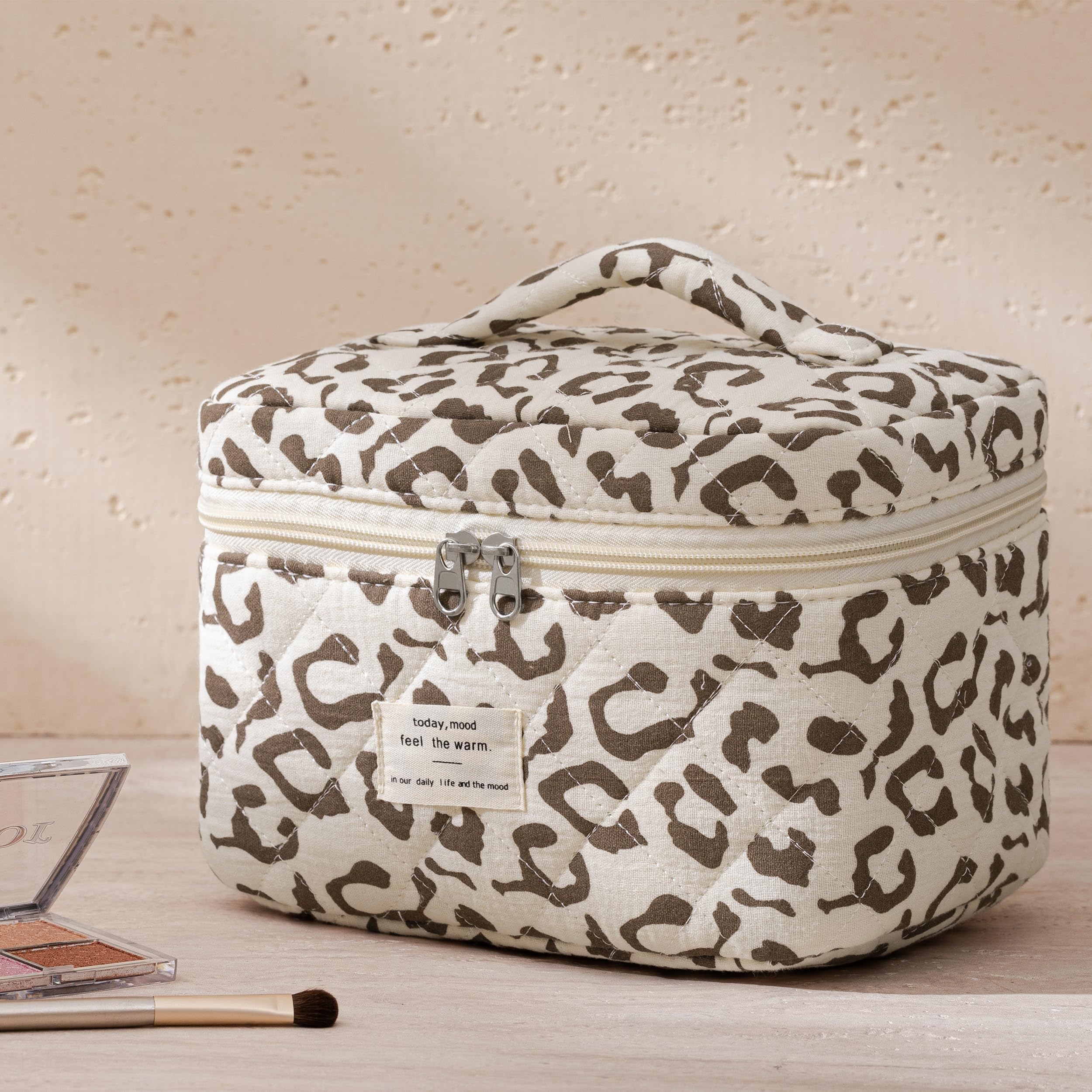 HBselect Quilted Makeup Bag inside-contents shows spacious interior for skincare and makeup