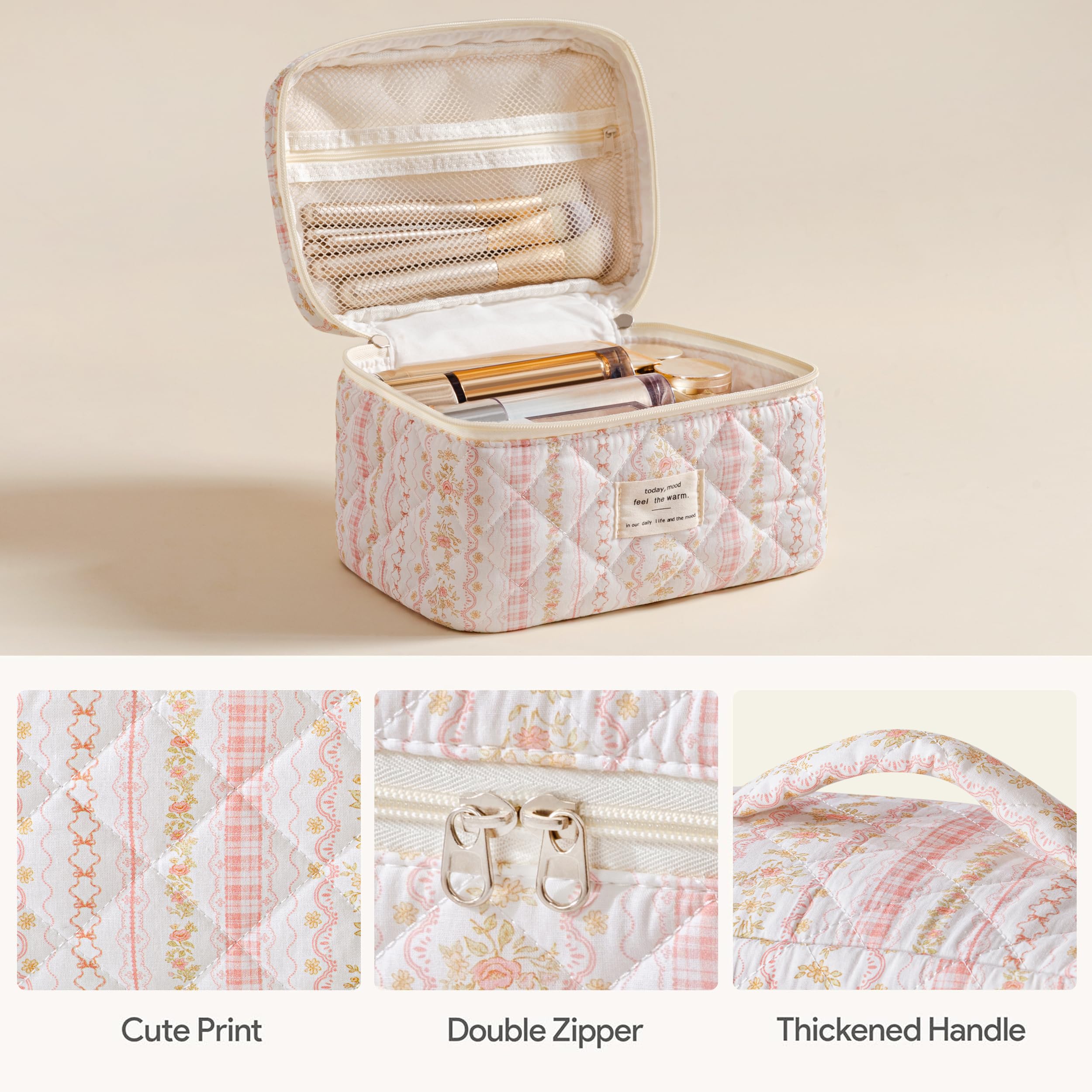 HBselect quilted makeup bag interior open reveals roomy organizer for cosmetics and toiletries.