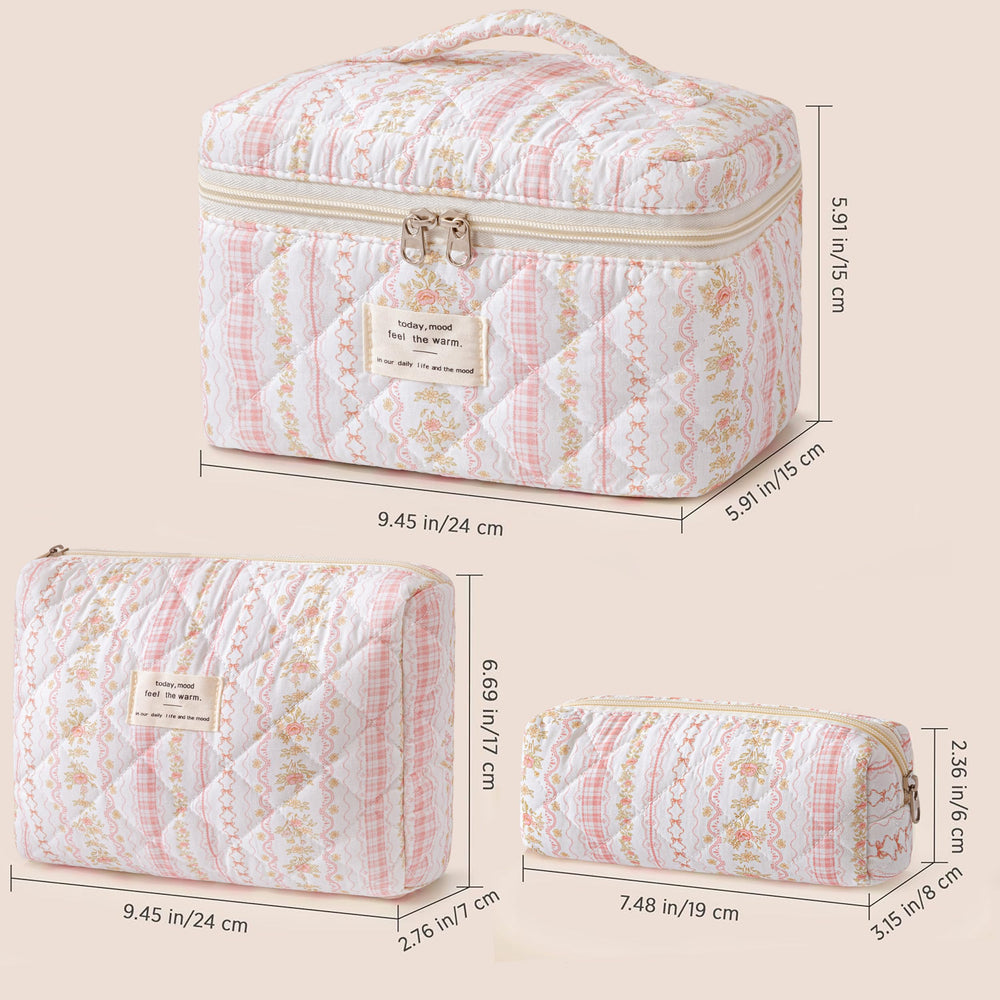 HBselect quilted makeup bag large size shown against a suitcase, signaling ample storage.