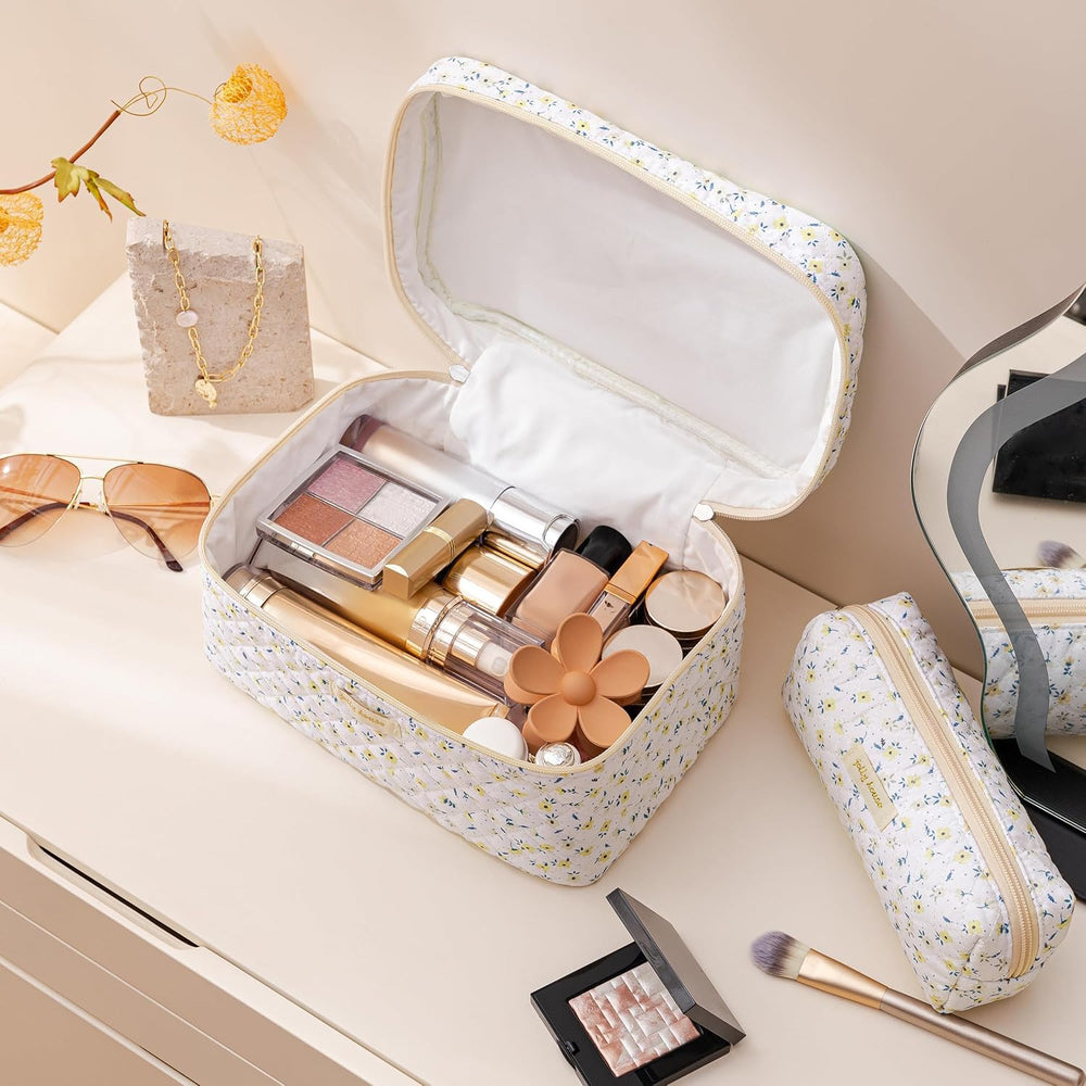 HBselect quilted makeup bag medium front view for compact travel with organized storage.