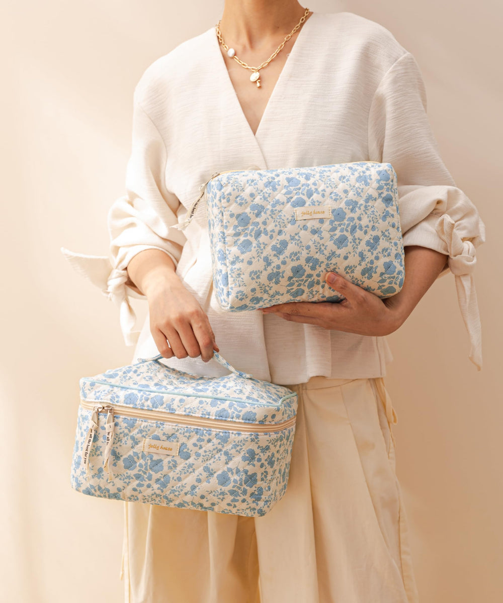 HBselect quilted makeup bag large, medium, and small size in travel-ready form