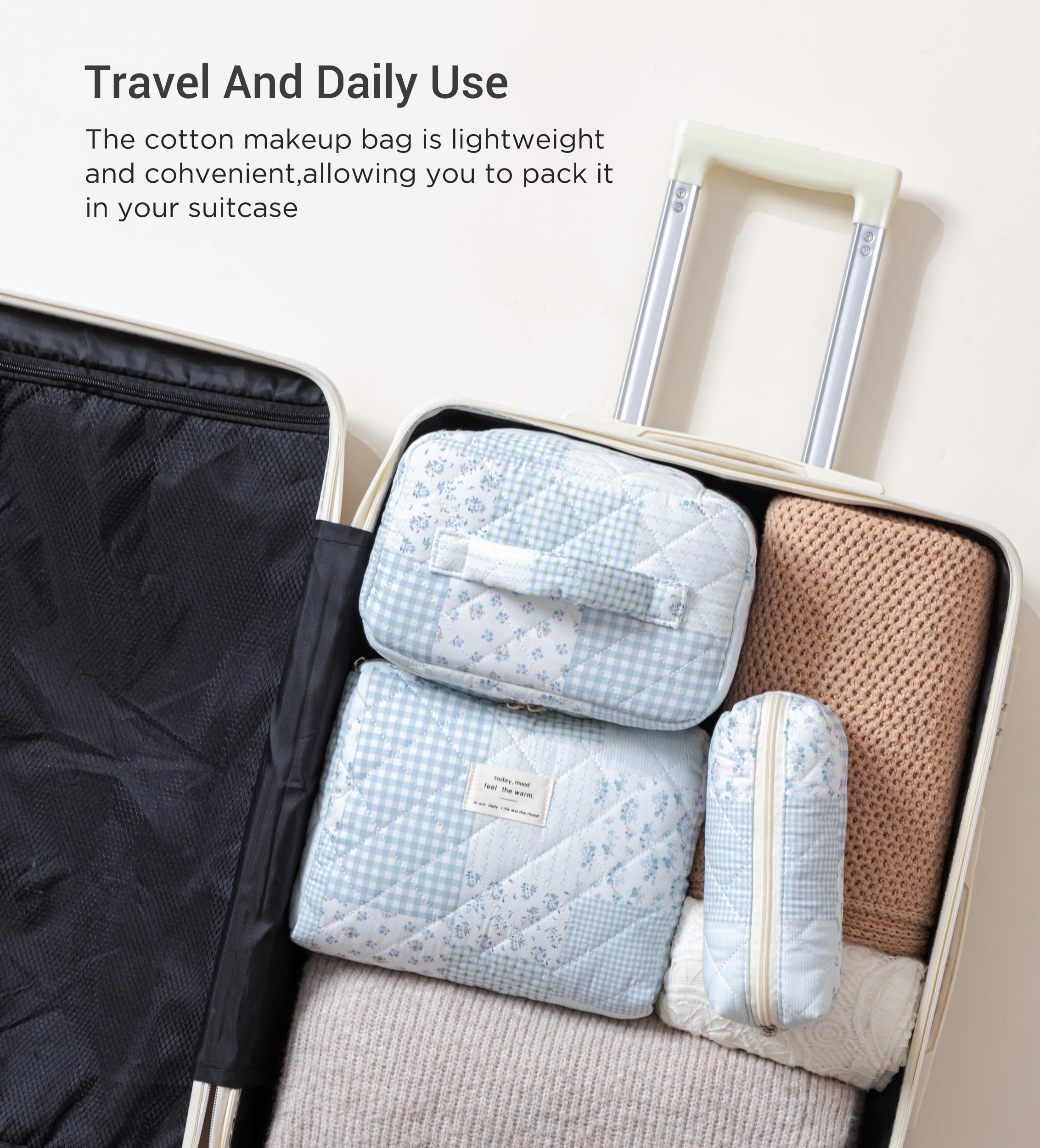 HBselect quilted makeup bag displayed for travel and folding flat storage.