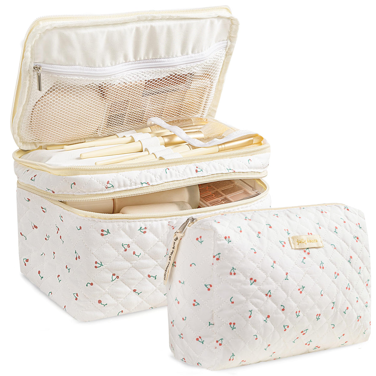 HBselect travel makeup bag outer view shows soft cotton quilted shell for durable travel