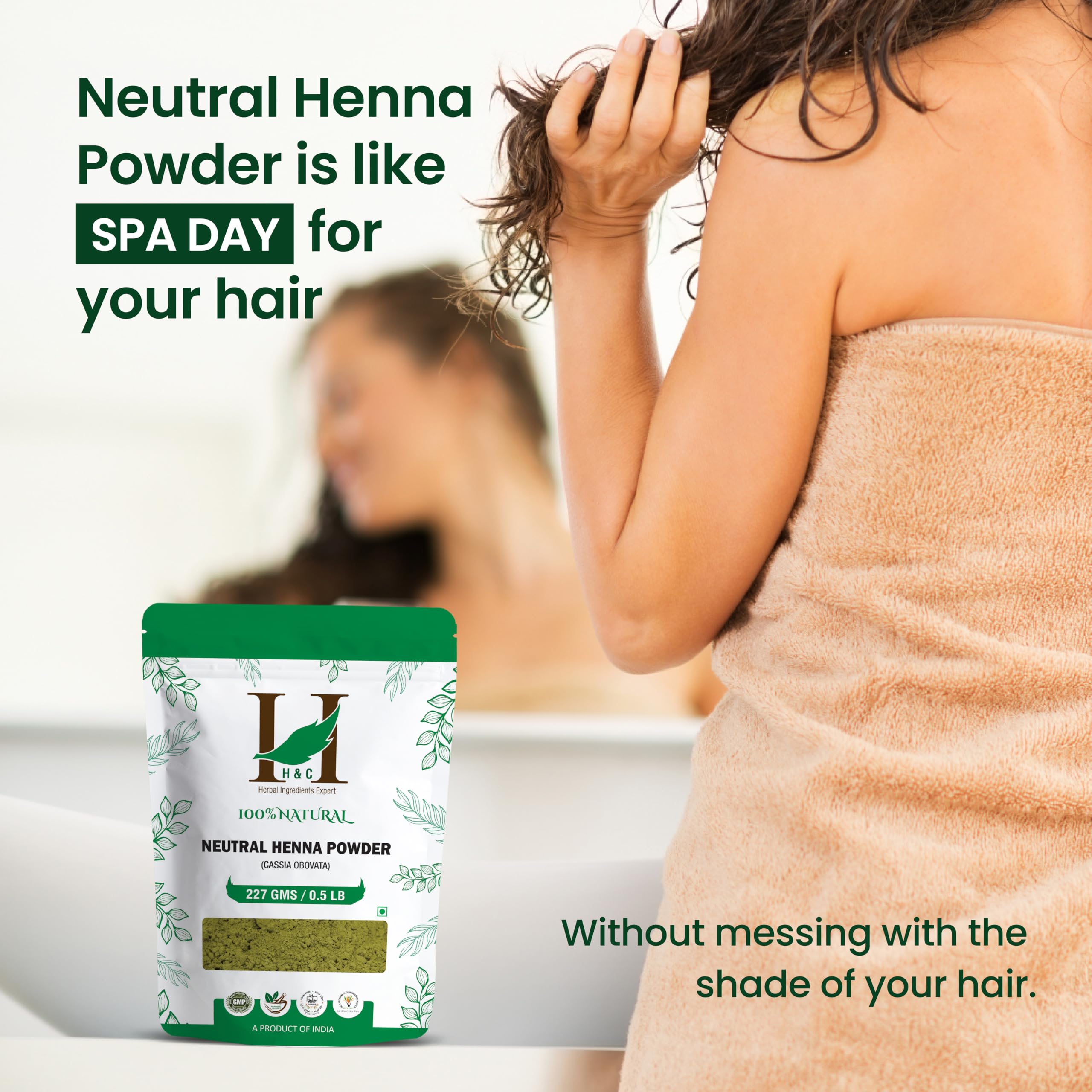 H&C Hair care routine with neutral henna for gentle conditioning.