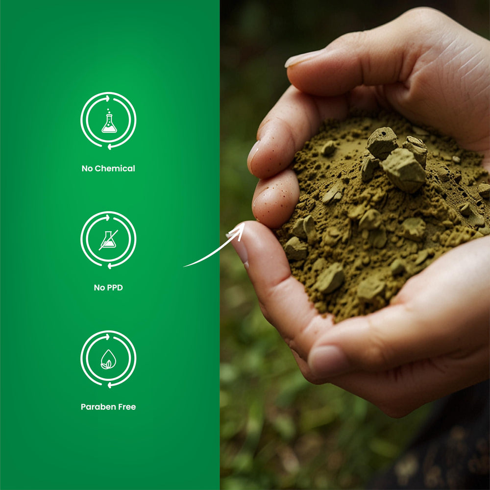H&C Henna powder applied to hair scene hints natural color, shine, and conditioning.